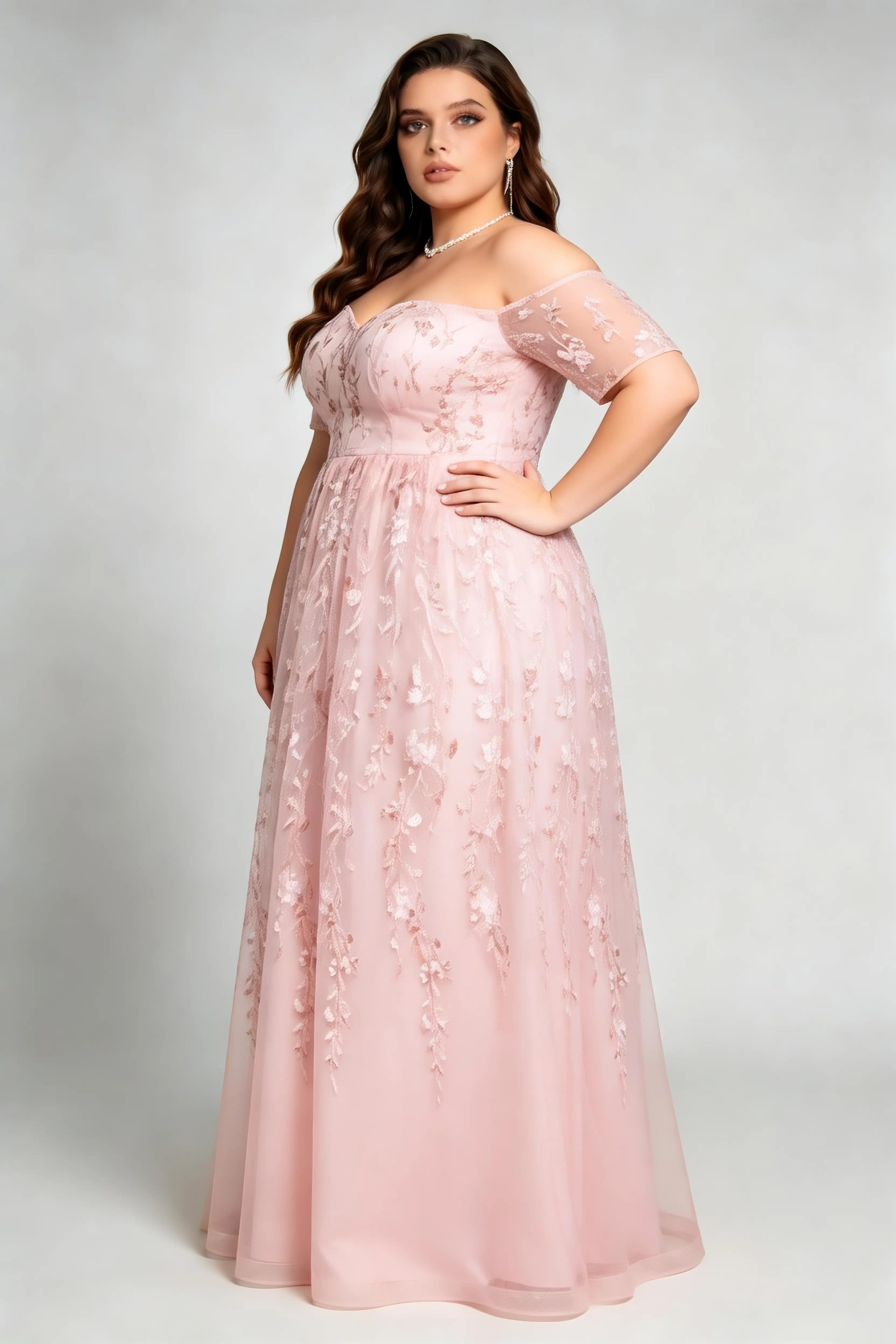 Plus Size Blush Pink Floral Embroidery Off The Shoulder A-Line Evening Gown Short Sleeve Formal Prom Dress