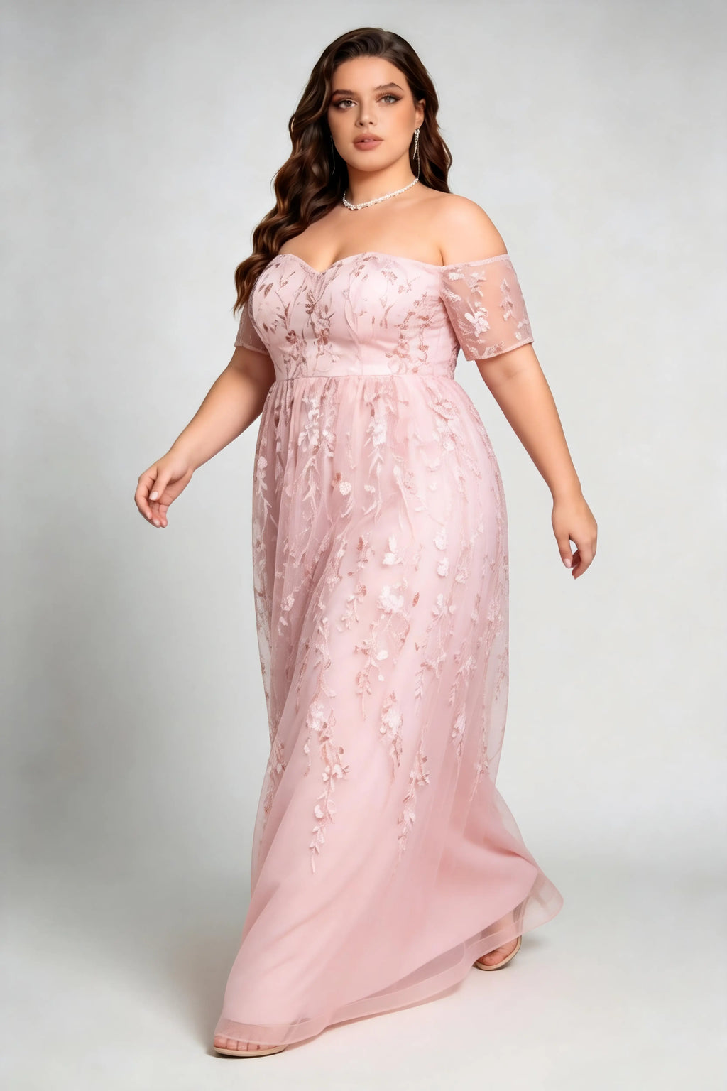 Plus Size Blush Pink Floral Embroidery Off The Shoulder A-Line Evening Gown Short Sleeve Formal Prom Dress