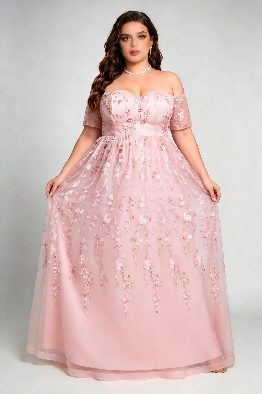 Plus Size Blush Pink Floral Embroidery Off The Shoulder A-Line Evening Gown Short Sleeve Formal Prom Dress