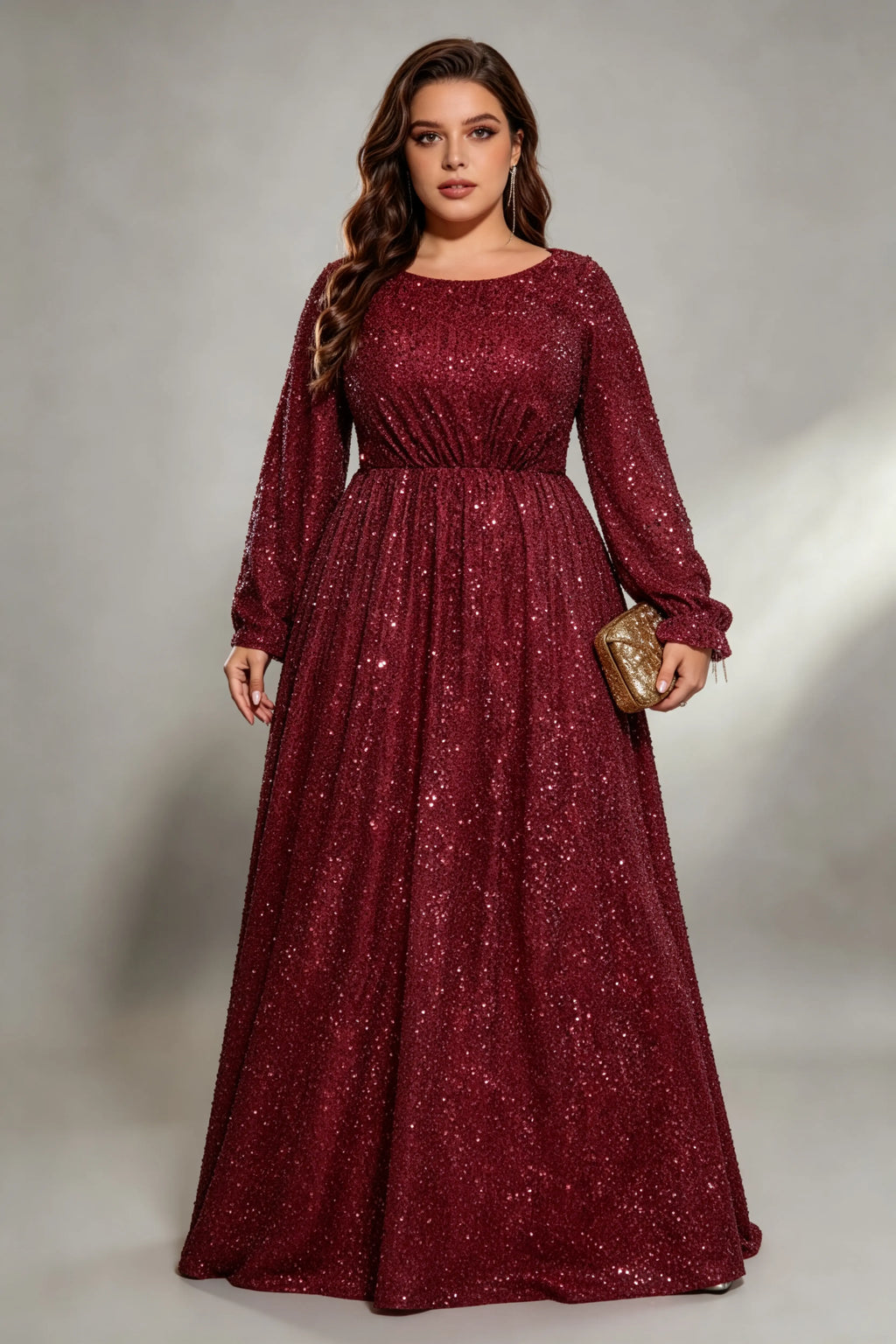 Plus Size Burgundy All Over Sequin Long Sleeve A-Line Floor Length Evening Gown Round Neck Formal Party Dress