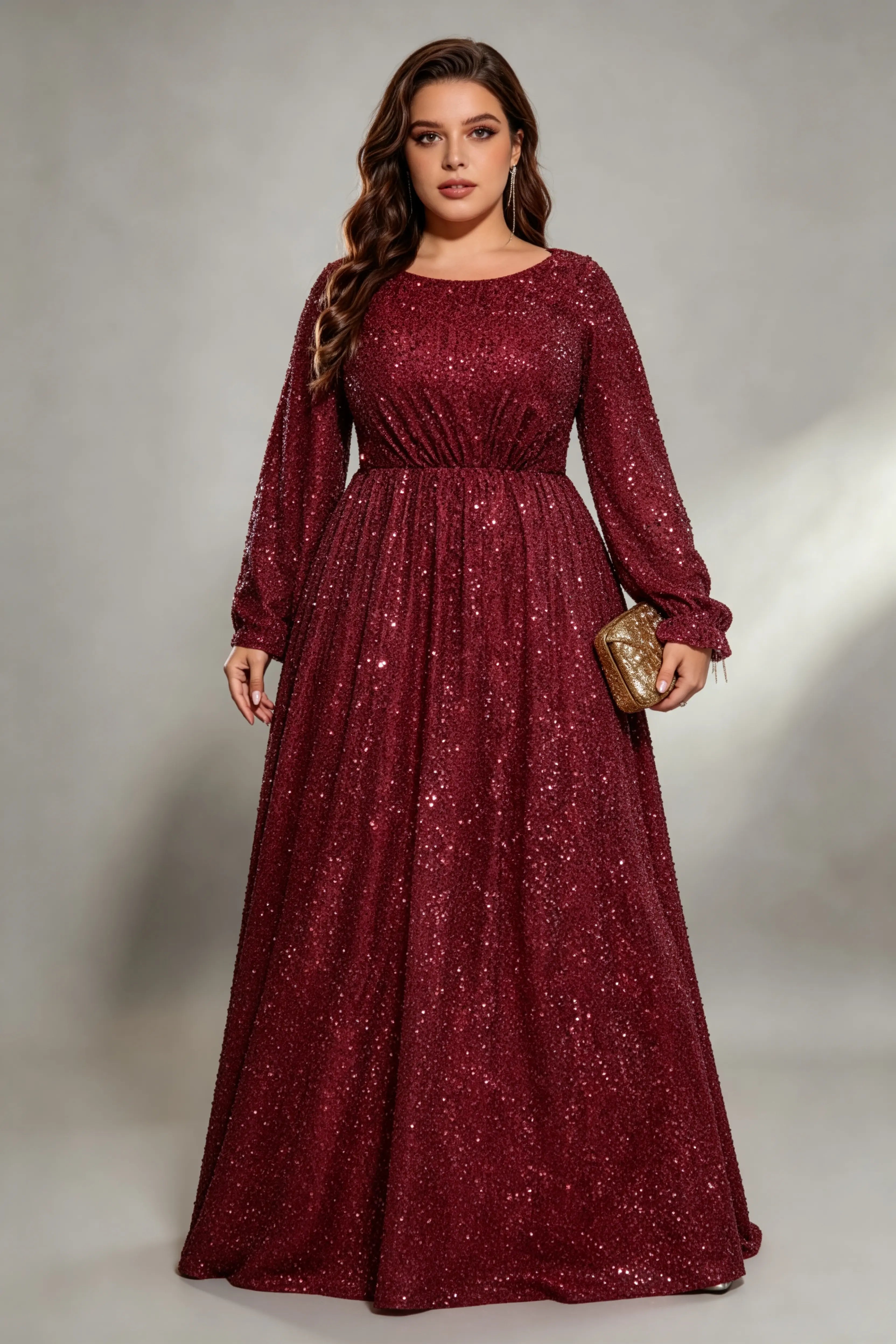 Plus Size Burgundy All Over Sequin Long Sleeve A-Line Floor Length Evening Gown Round Neck Formal Party Dress