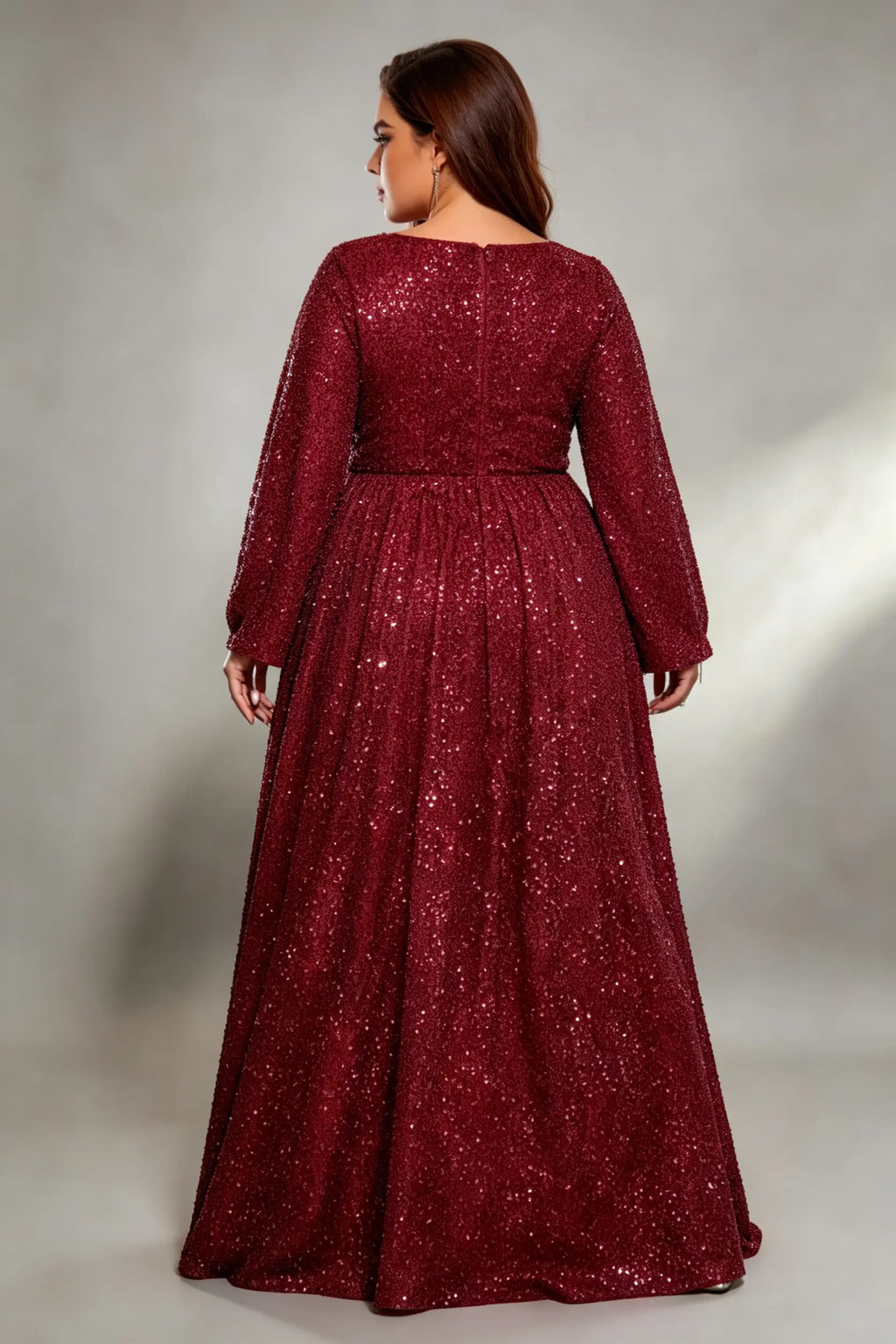 Plus Size Burgundy All Over Sequin Long Sleeve A-Line Floor Length Evening Gown Round Neck Formal Party Dress