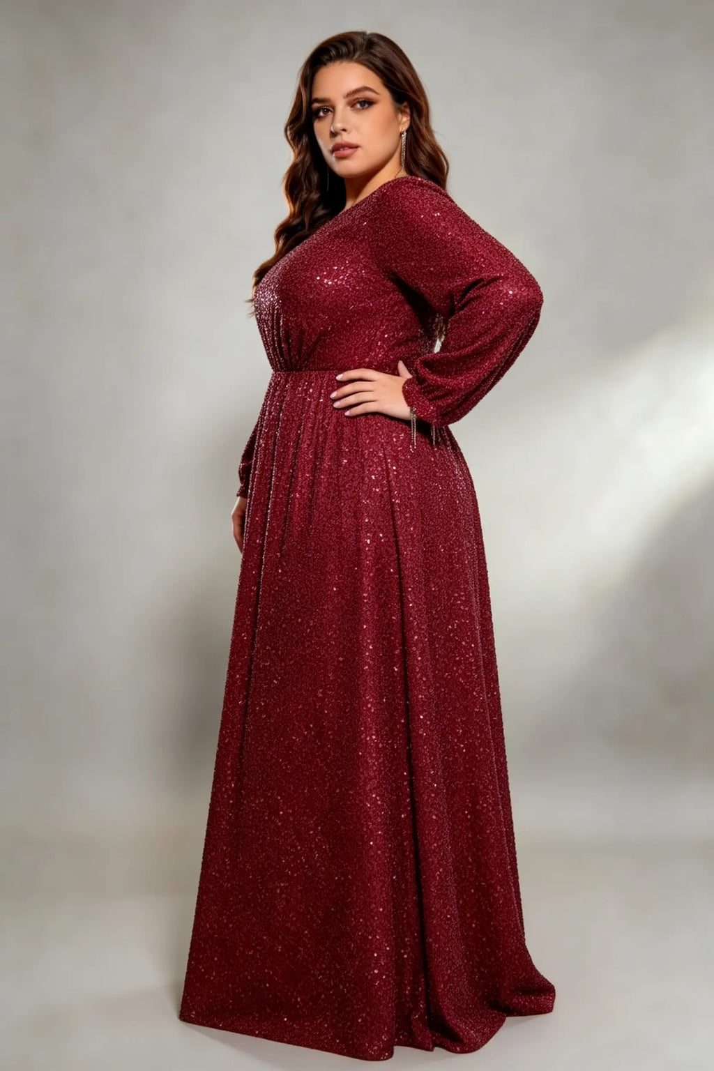 Plus Size Burgundy All Over Sequin Long Sleeve A-Line Floor Length Evening Gown Round Neck Formal Party Dress