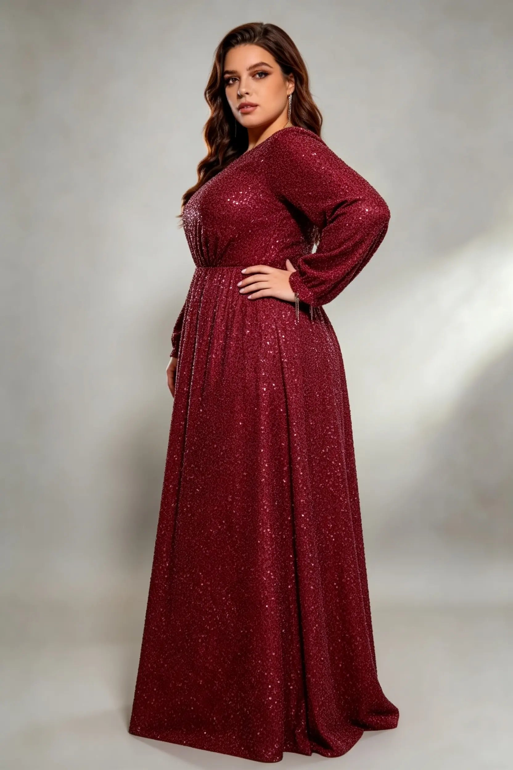 Plus Size Burgundy All Over Sequin Long Sleeve A-Line Floor Length Evening Gown Round Neck Formal Party Dress