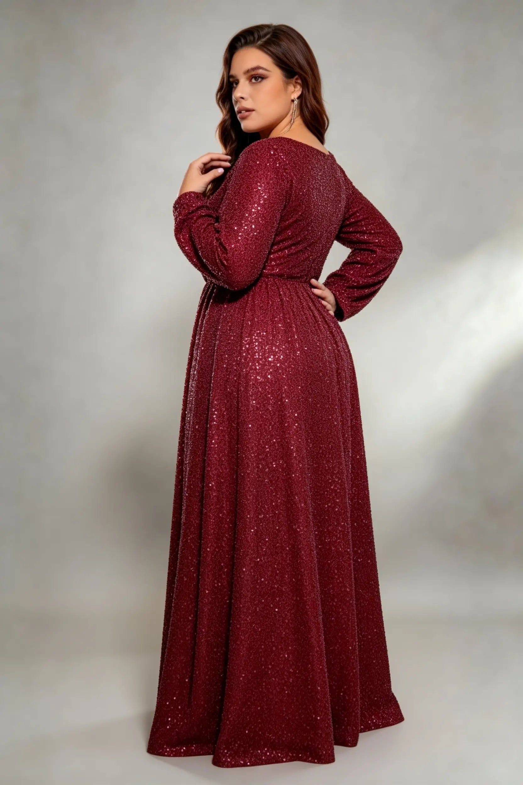 Plus Size Burgundy All Over Sequin Long Sleeve A-Line Floor Length Evening Gown Round Neck Formal Party Dress