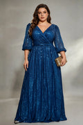 Plus Size Blue Vertical Sequin Wrap V-Neck Puff Sleeve A-Line Floor Length Evening Gown Formal Party Dress