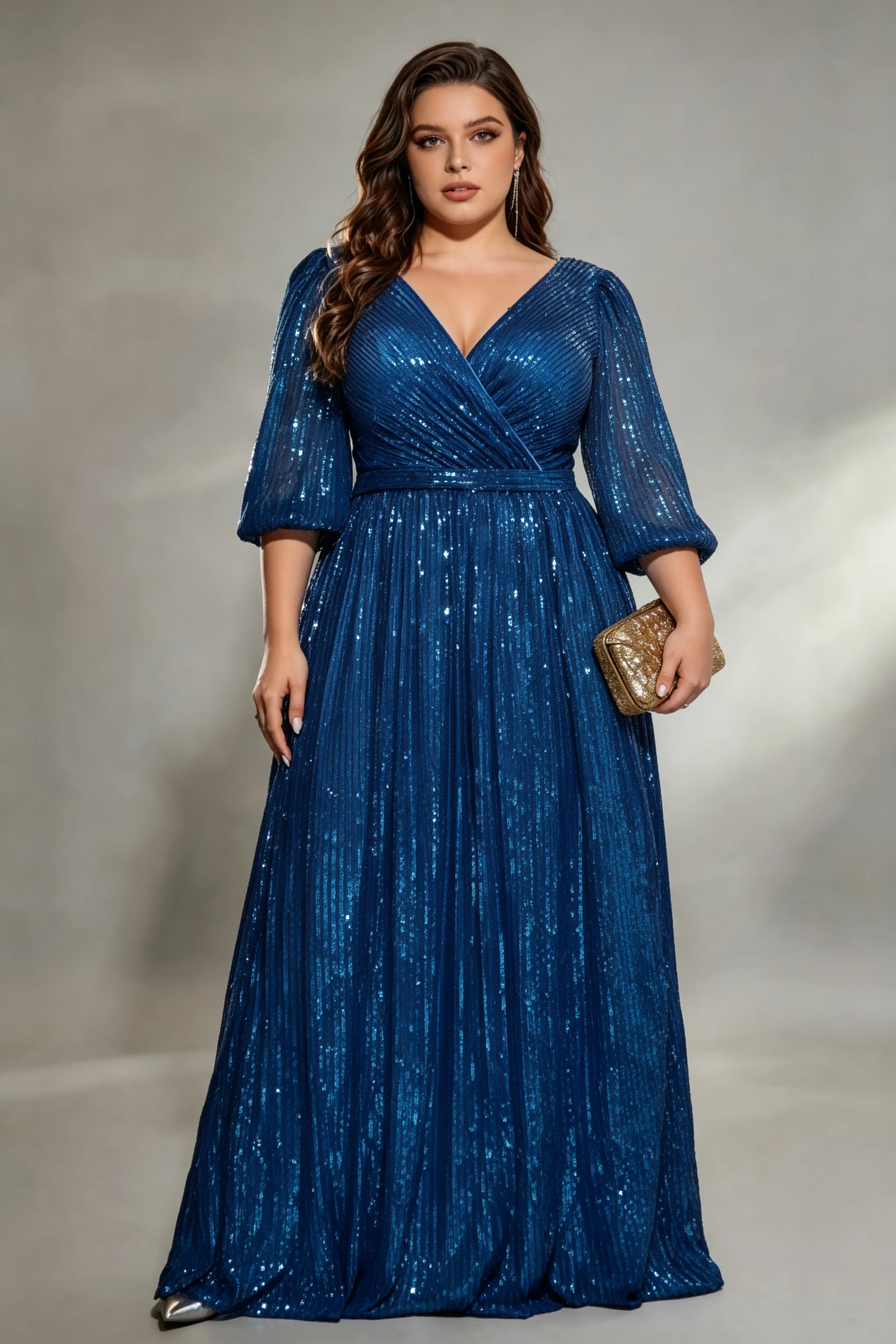 Plus Size Blue Vertical Sequin Wrap V-Neck Puff Sleeve A-Line Floor Length Evening Gown Formal Party Dress