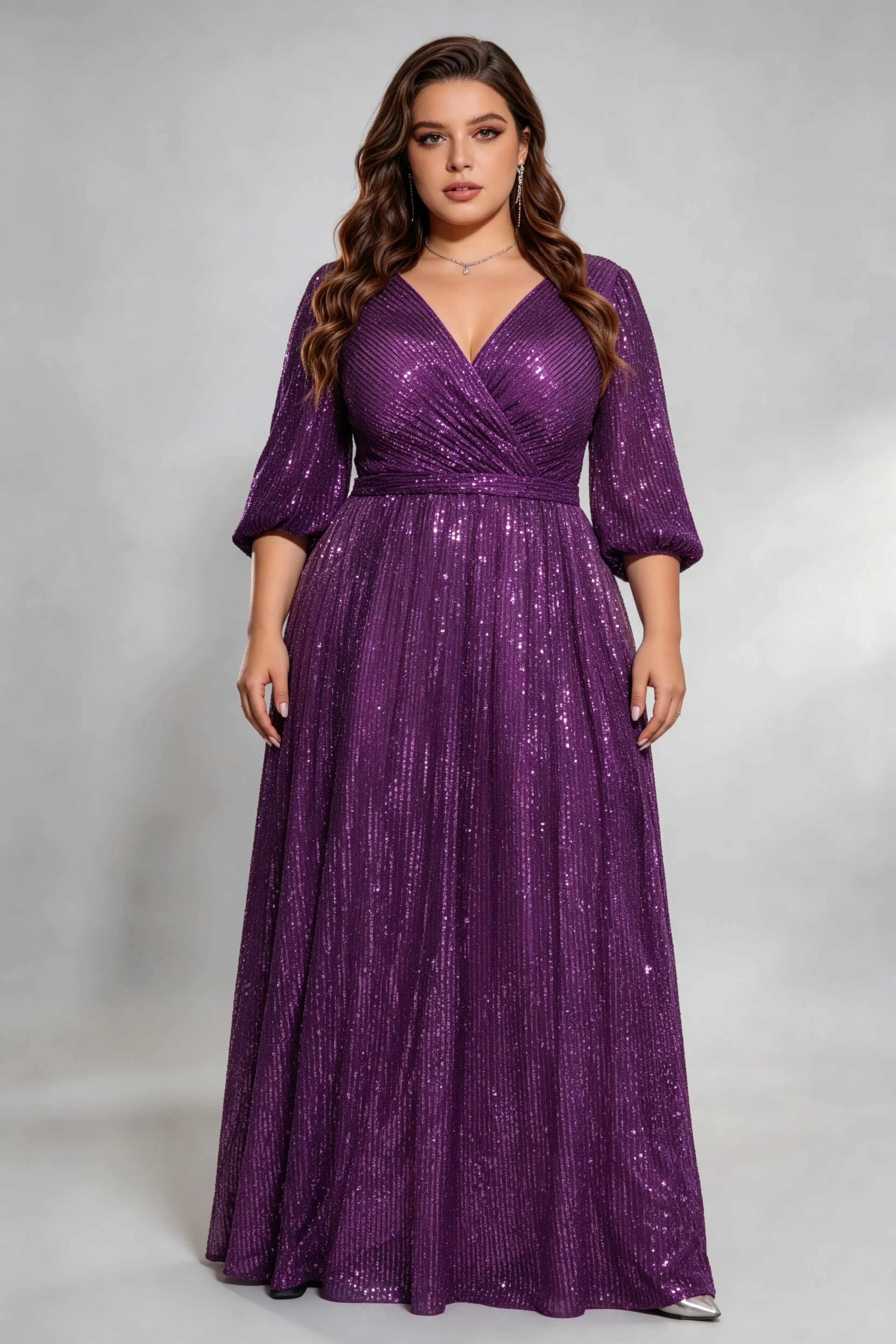 Plus Size Purple Vertical Sequin Wrap V-Neck Puff Sleeve A-Line Floor Length Evening Gown Formal Party Dress