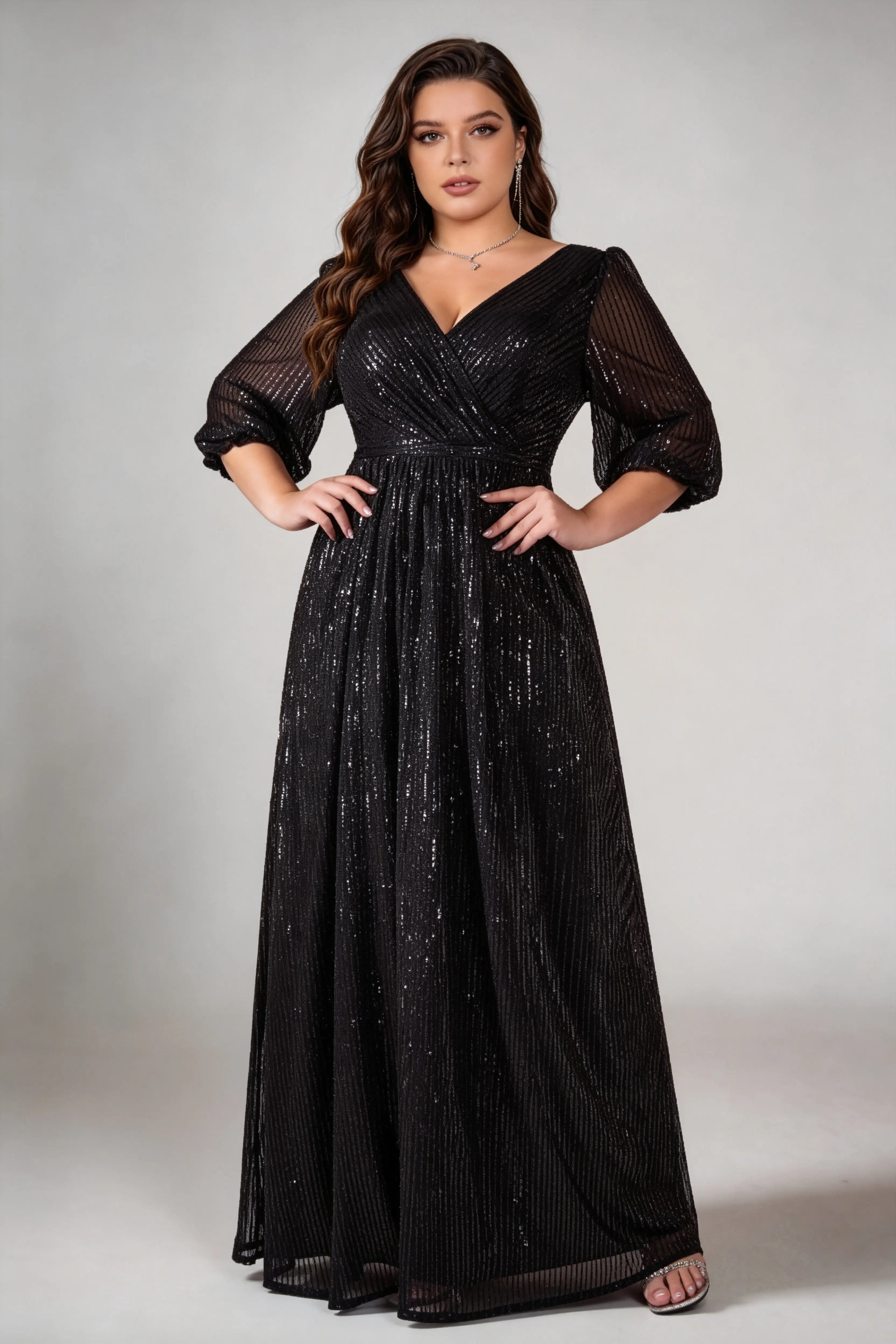 Plus Size Black Vertical Sequin Wrap V-Neck Puff Sleeve A-Line Floor Length Evening Gown Formal Party Dress