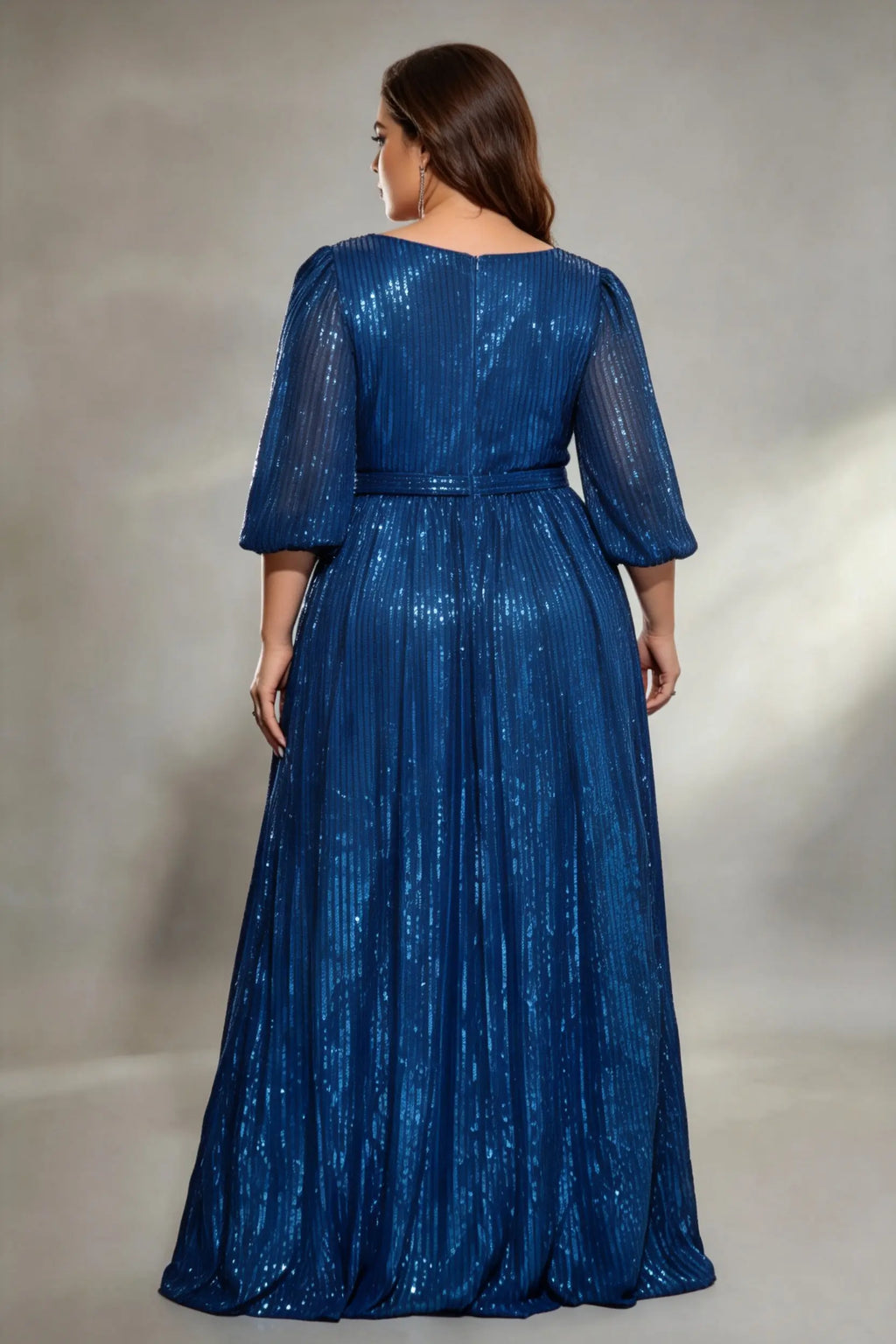 Plus Size Blue Vertical Sequin Wrap V-Neck Puff Sleeve A-Line Floor Length Evening Gown Formal Party Dress