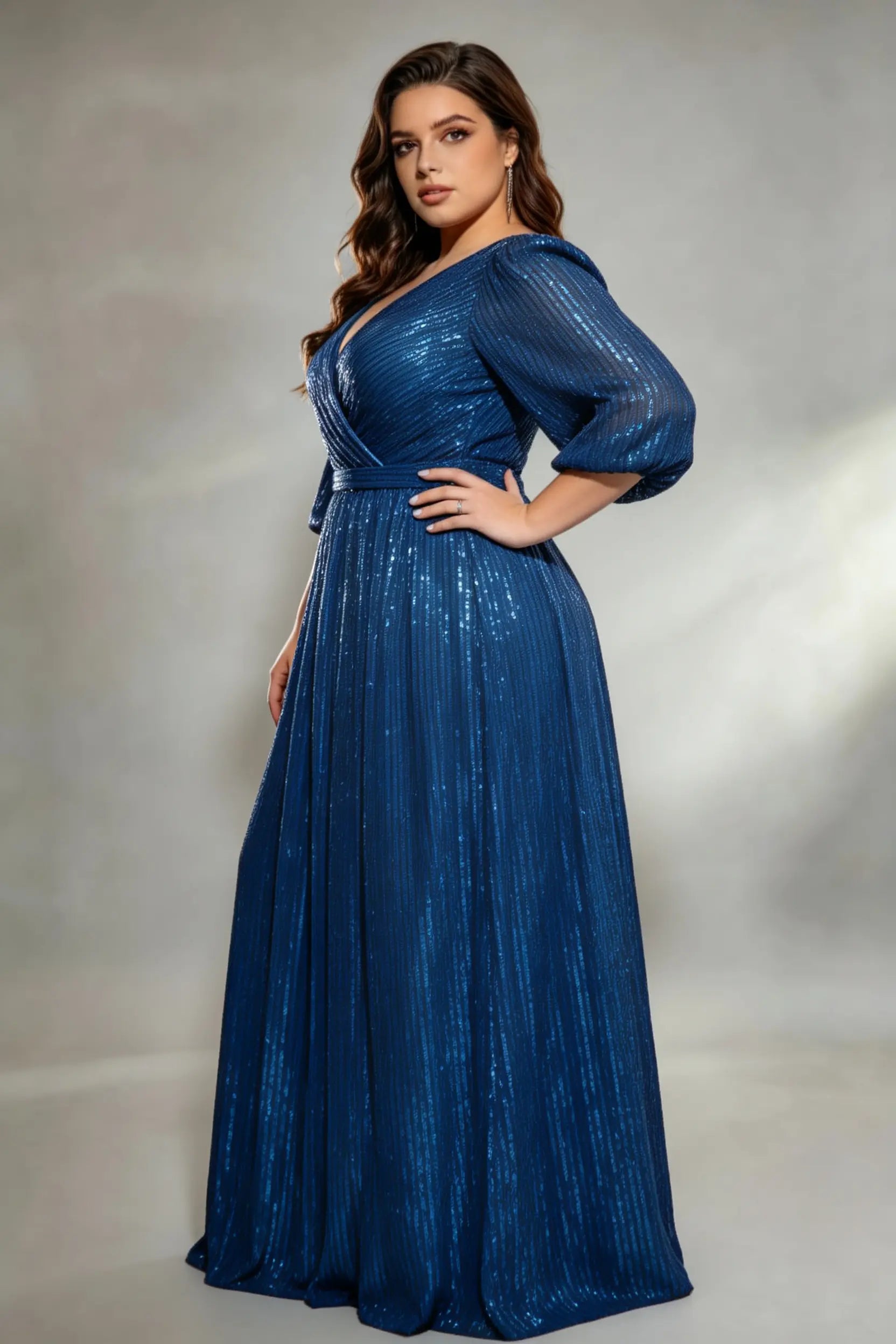 Plus Size Blue Vertical Sequin Wrap V-Neck Puff Sleeve A-Line Floor Length Evening Gown Formal Party Dress