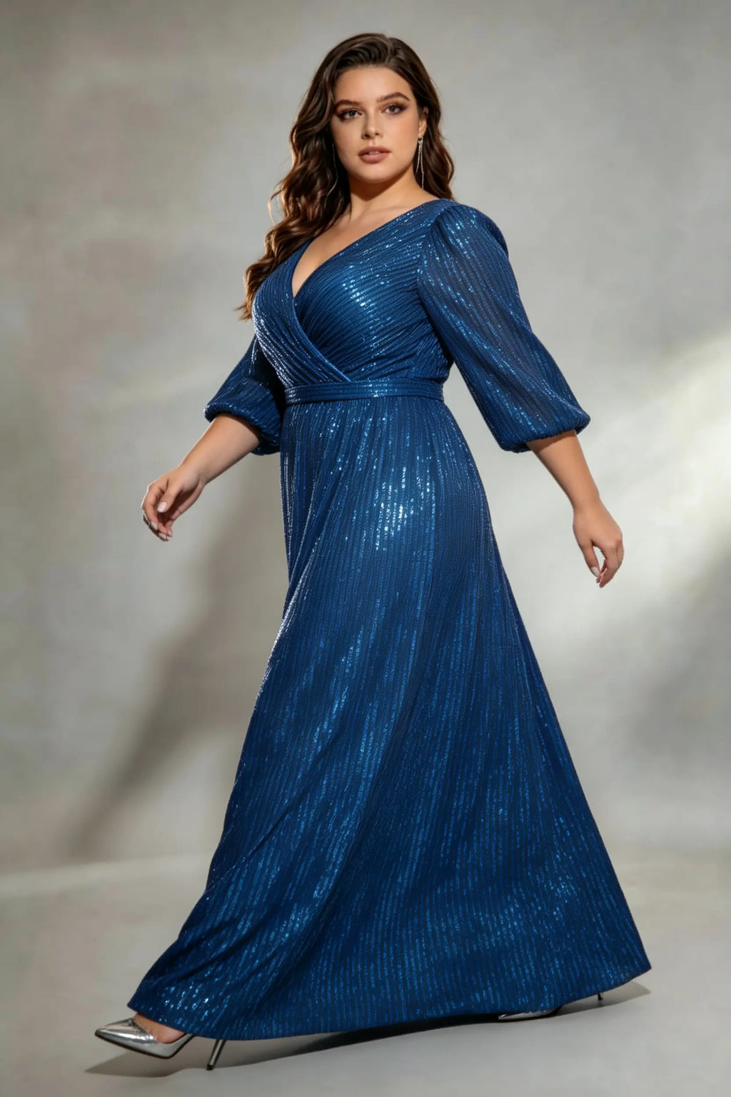 Plus Size Blue Vertical Sequin Wrap V-Neck Puff Sleeve A-Line Floor Length Evening Gown Formal Party Dress