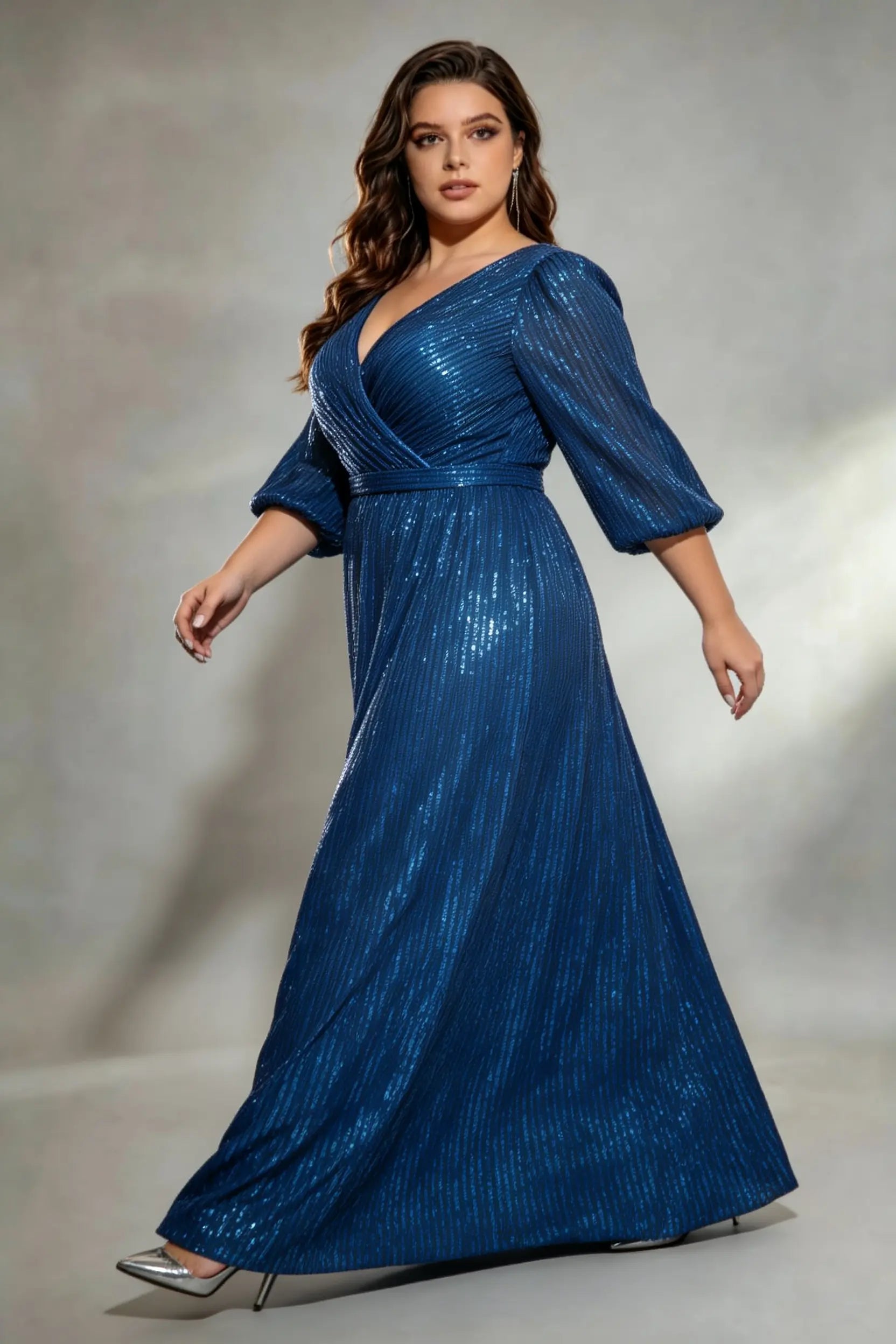 Plus Size Blue Vertical Sequin Wrap V-Neck Puff Sleeve A-Line Floor Length Evening Gown Formal Party Dress