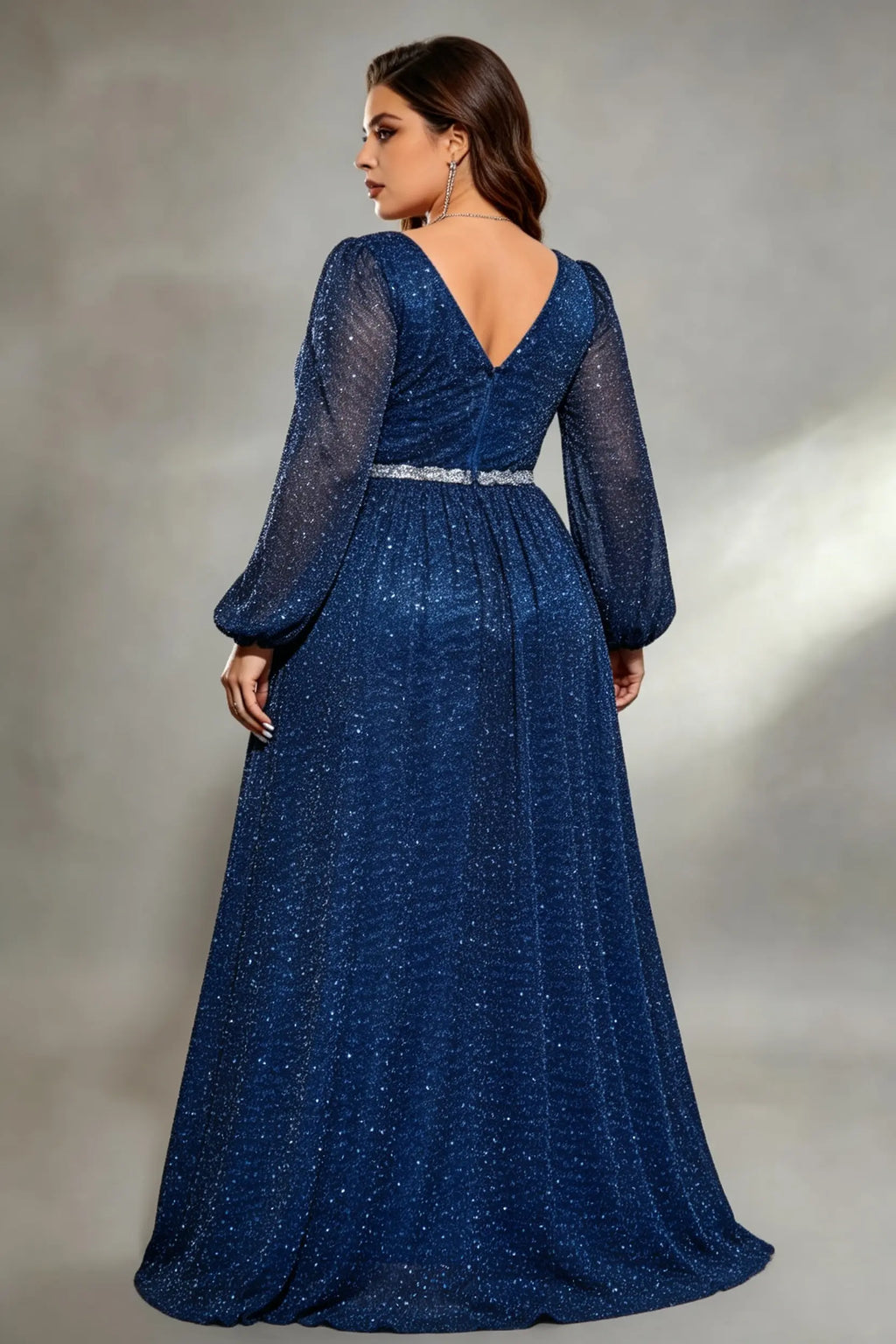 Plus Size Navy Deep V-Neck Long Puff Sleeve Sparkling Sequin A-Line Floor Length Evening Gown With Side Slit And Silver Belt