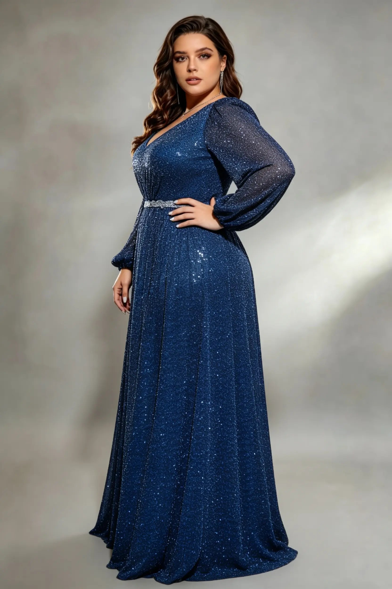 Plus Size Navy Deep V-Neck Long Puff Sleeve Sparkling Sequin A-Line Floor Length Evening Gown With Side Slit And Silver Belt