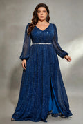 Plus Size Navy Deep V-Neck Long Puff Sleeve Sparkling Sequin A-Line Floor Length Evening Gown With Side Slit And Silver Belt