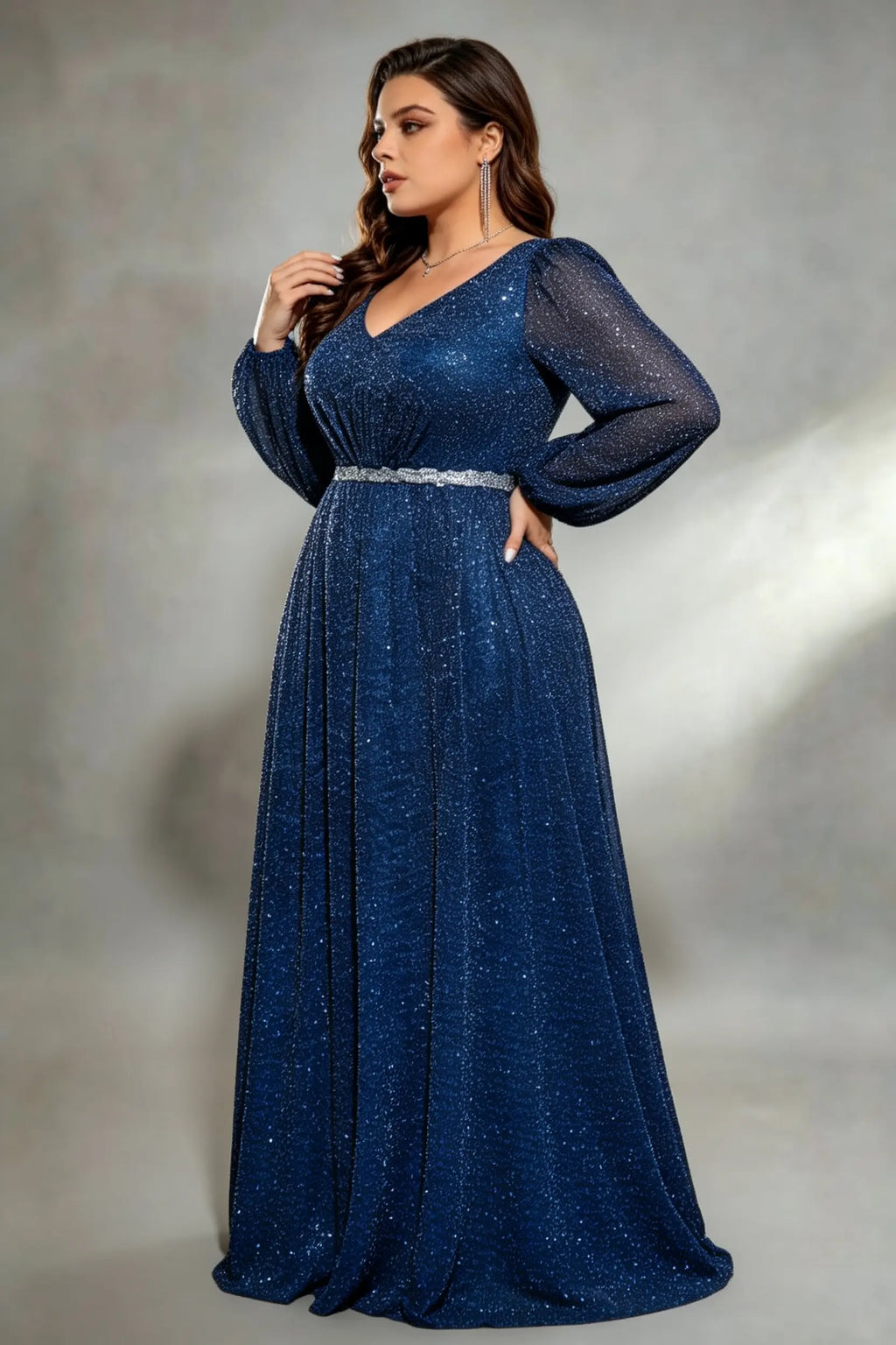 Plus Size Navy Deep V-Neck Long Puff Sleeve Sparkling Sequin A-Line Floor Length Evening Gown With Side Slit And Silver Belt