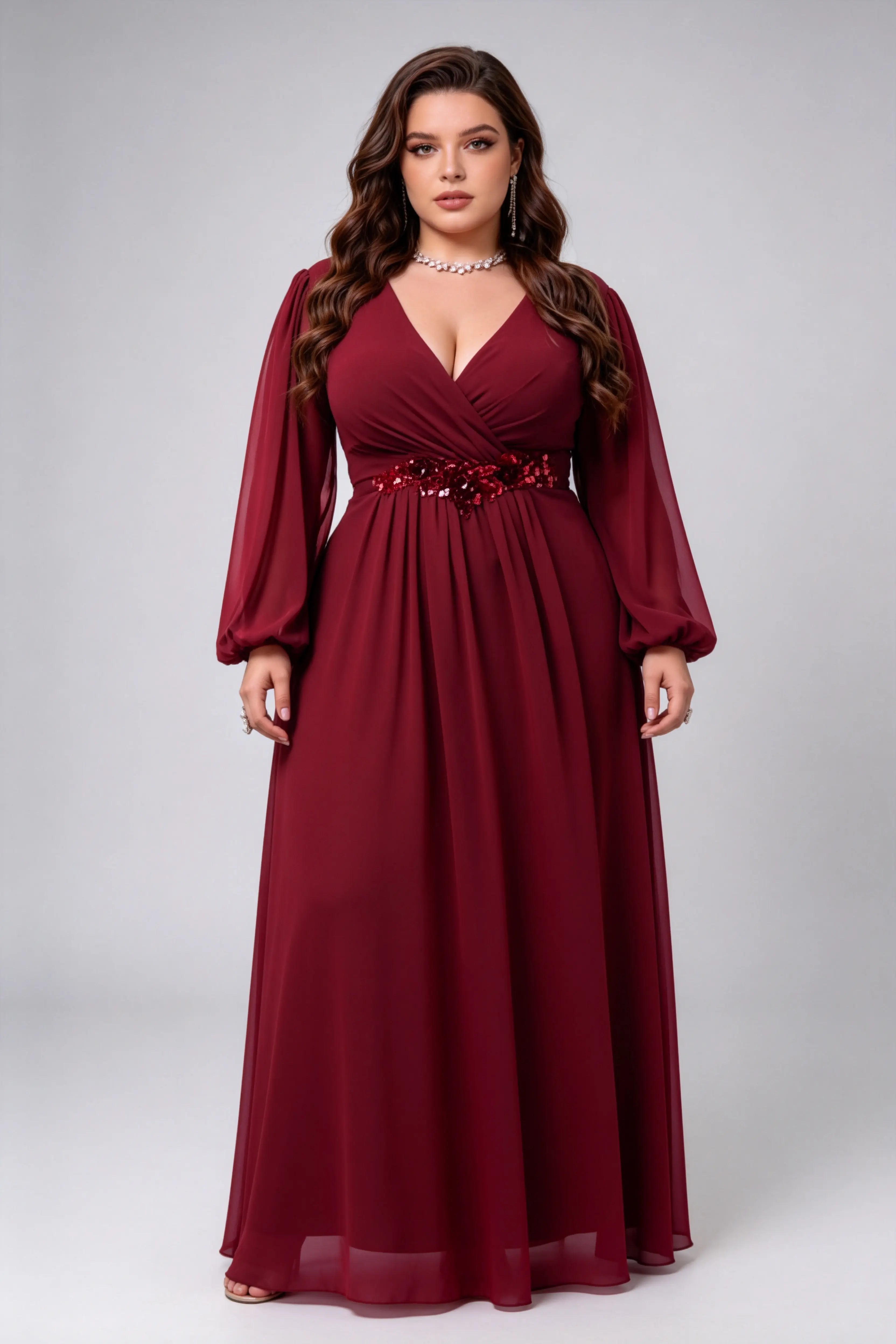 Plus Size Burgundy Red Wrap V-Neck Long Puff Sleeve Chiffon A-Line Floor Length Evening Gown With Sequin Applique Waistband