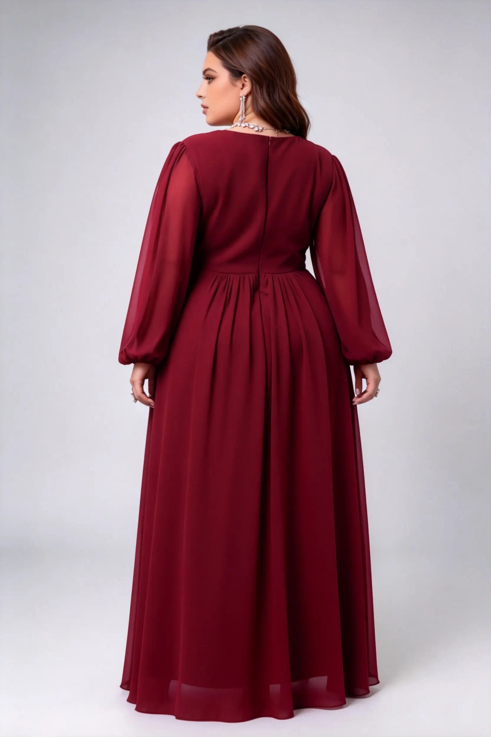 Plus Size Burgundy Red Wrap V-Neck Long Puff Sleeve Chiffon A-Line Floor Length Evening Gown With Sequin Applique Waistband