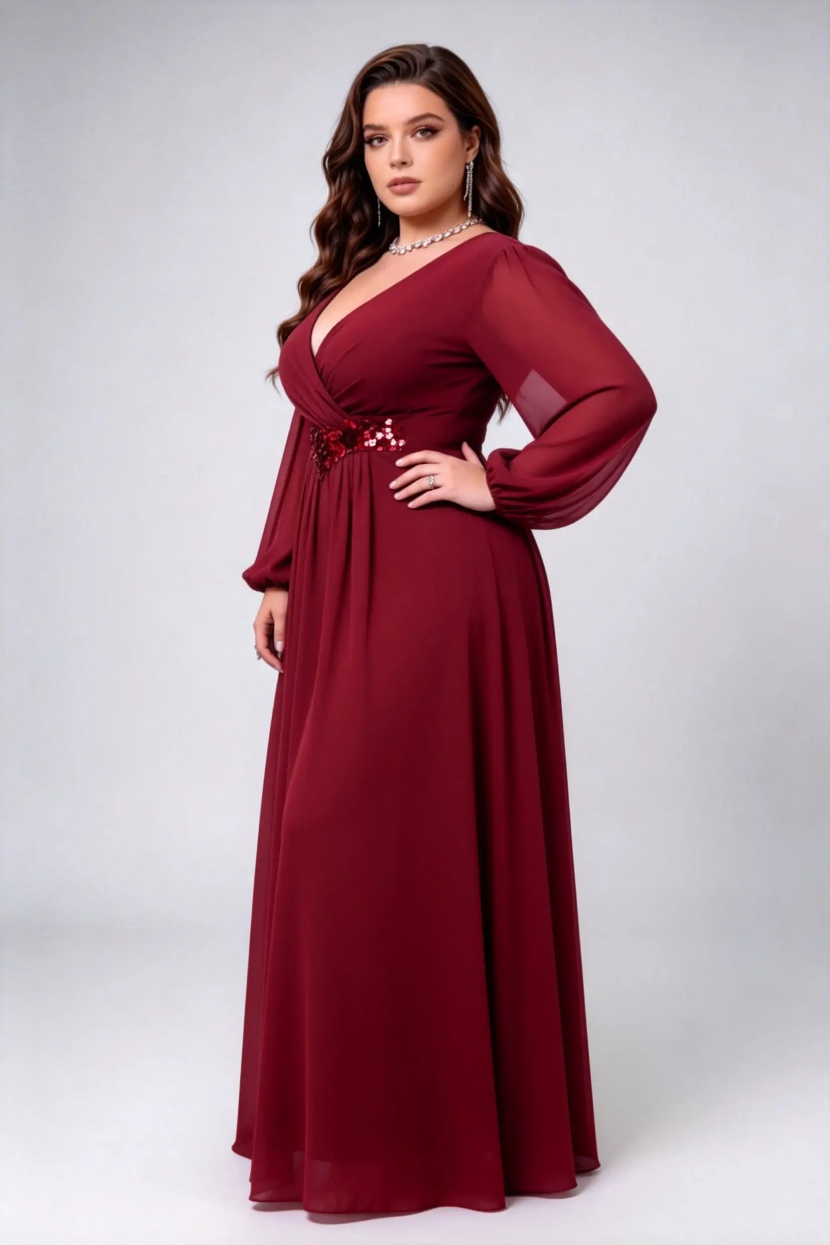 Plus Size Burgundy Red Wrap V-Neck Long Puff Sleeve Chiffon A-Line Floor Length Evening Gown With Sequin Applique Waistband