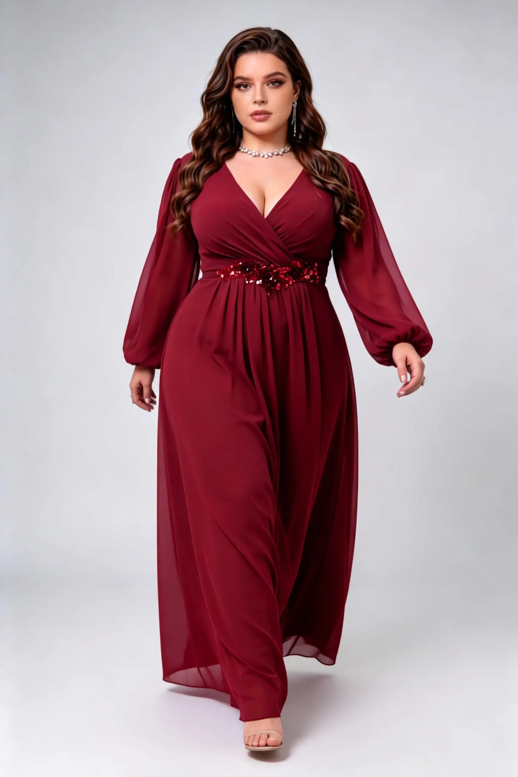 Plus Size Burgundy Red Wrap V-Neck Long Puff Sleeve Chiffon A-Line Floor Length Evening Gown With Sequin Applique Waistband