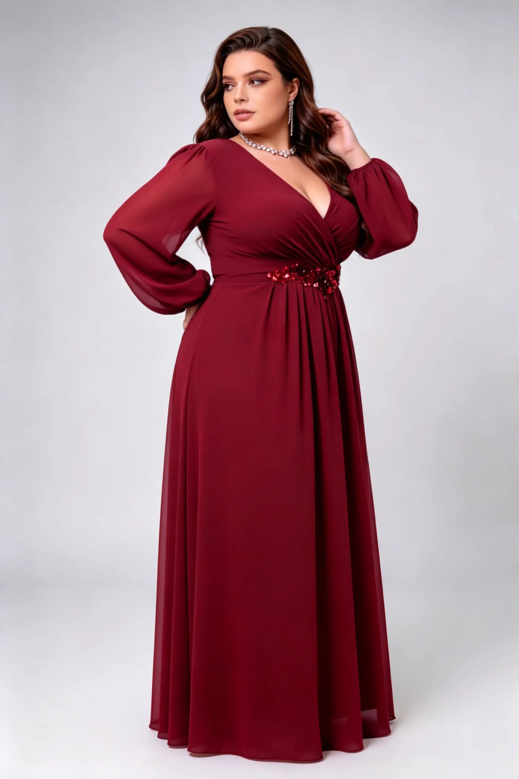 Plus Size Burgundy Red Wrap V-Neck Long Puff Sleeve Chiffon A-Line Floor Length Evening Gown With Sequin Applique Waistband