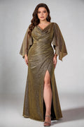Plus Size Olive Gold Shimmer Cowl Neck Flowy Cape Sleeve Ruched Bodycon Floor Length Evening Gown With High Side Slit