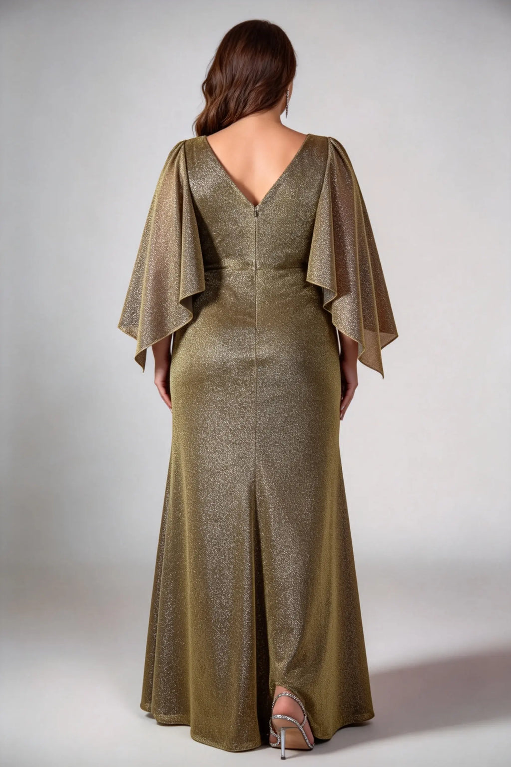 Plus Size Olive Gold Shimmer Cowl Neck Flowy Cape Sleeve Ruched Bodycon Floor Length Evening Gown With High Side Slit