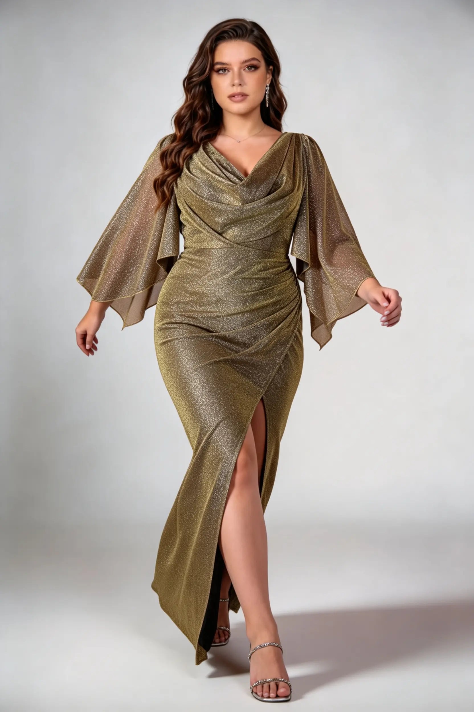 Plus Size Olive Gold Shimmer Cowl Neck Flowy Cape Sleeve Ruched Bodycon Floor Length Evening Gown With High Side Slit