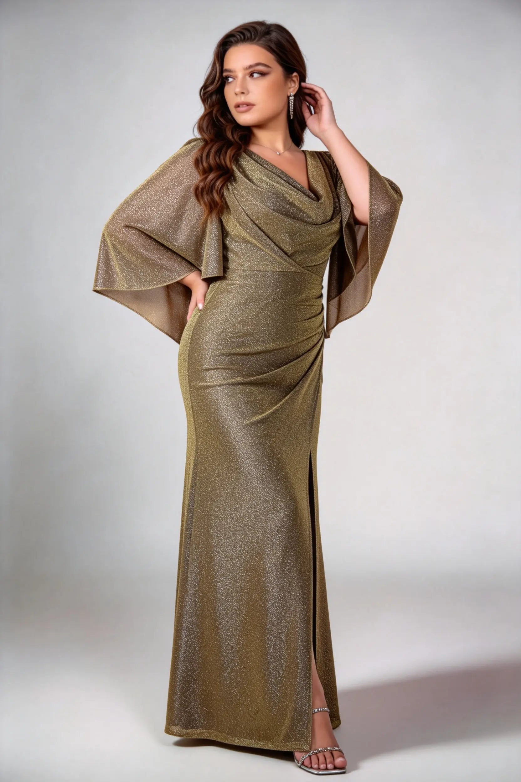 Plus Size Olive Gold Shimmer Cowl Neck Flowy Cape Sleeve Ruched Bodycon Floor Length Evening Gown With High Side Slit