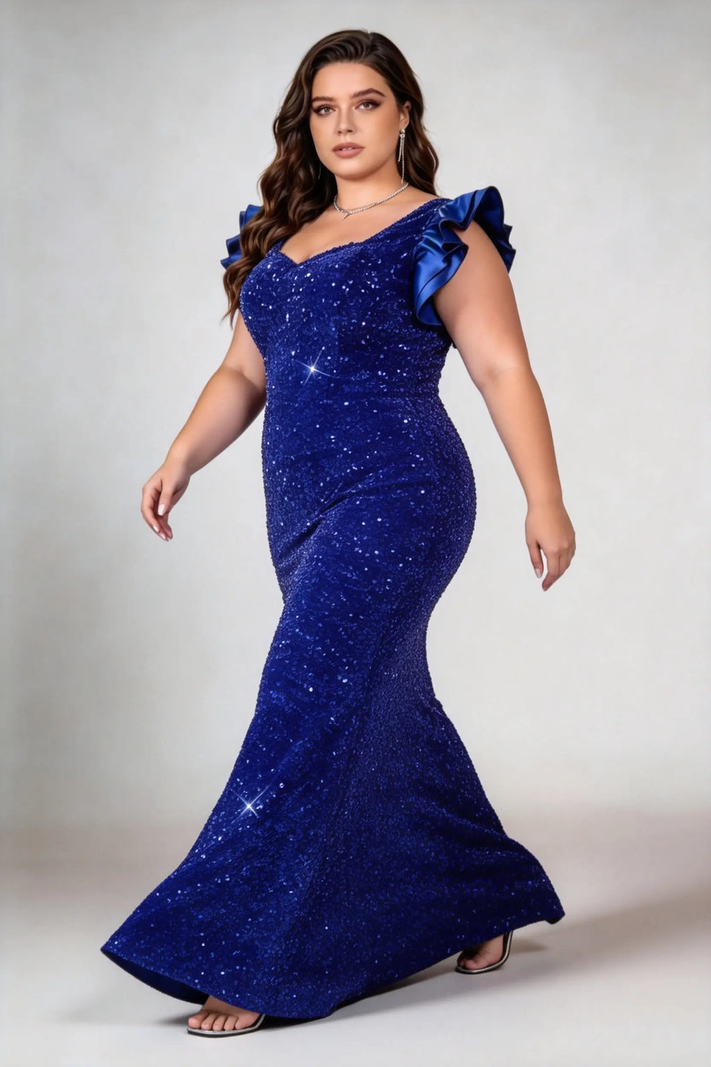 Plus Size Royal Blue All Over Sequin Ruffle Shoulder Mermaid Floor Length Formal Evening Gown