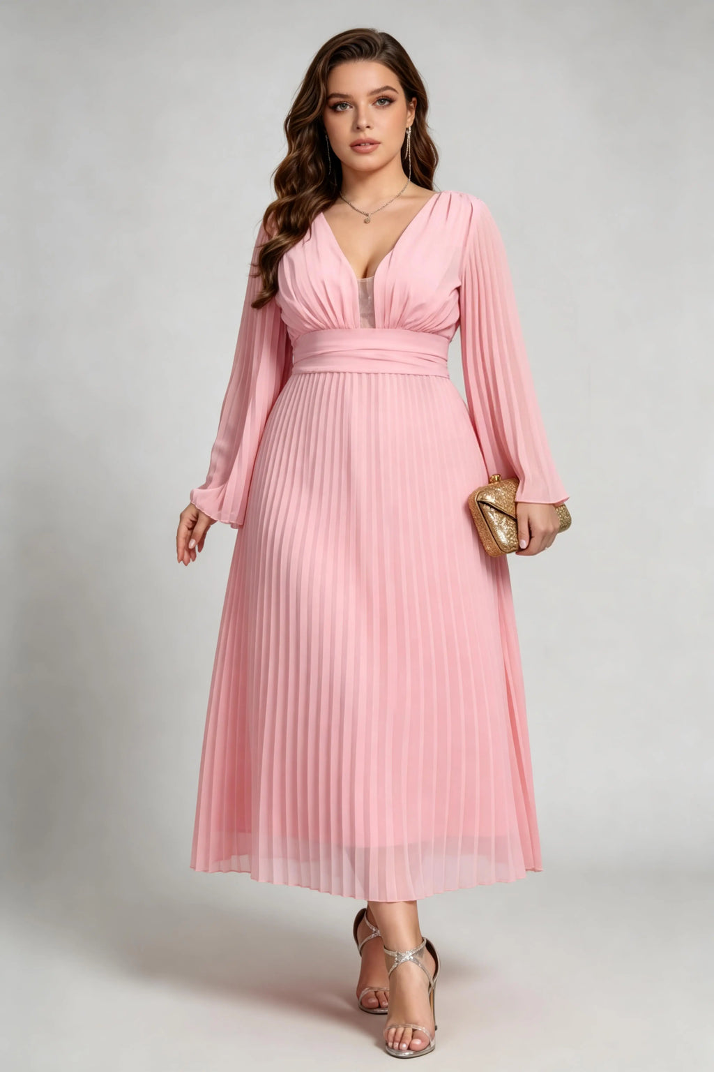 Plus Size Pink Pleated Chiffon Maxi Dress with Bell Sleeves and Deep V-Neck