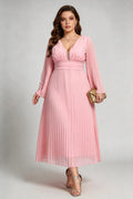Plus Size Pink Pleated Chiffon Maxi Dress with Bell Sleeves and Deep V-Neck