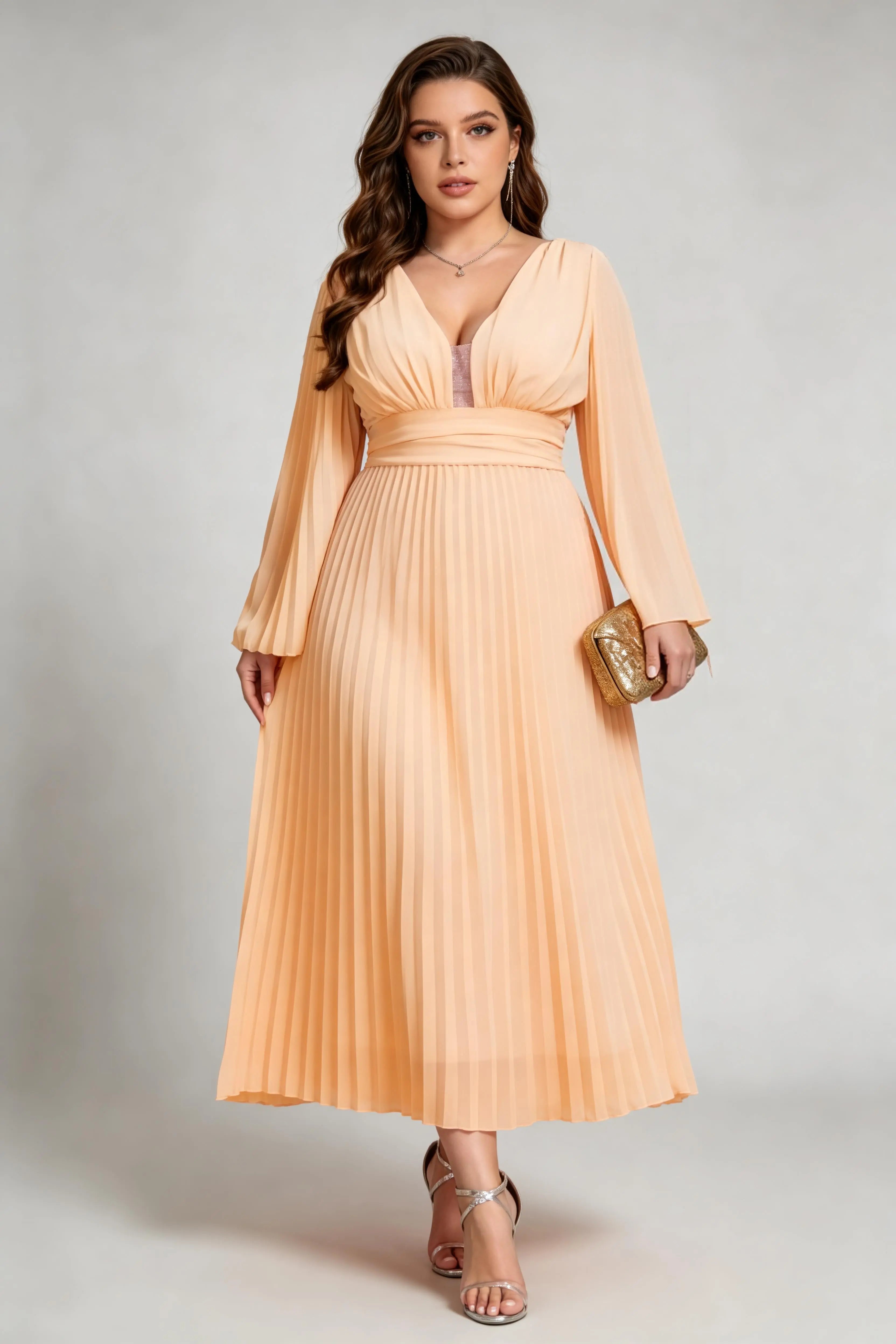 Plus Size Orange Pleated Chiffon Maxi Dress with Bell Sleeves and Deep V-Neck