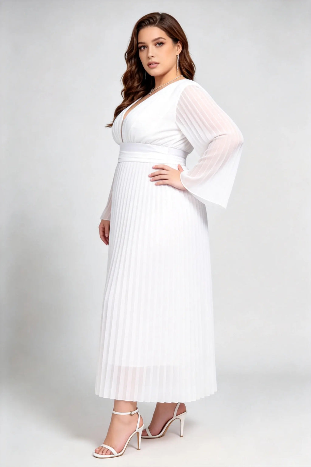 Plus Size White Pleated Chiffon Maxi Dress with Bell Sleeves and Deep V-Neck