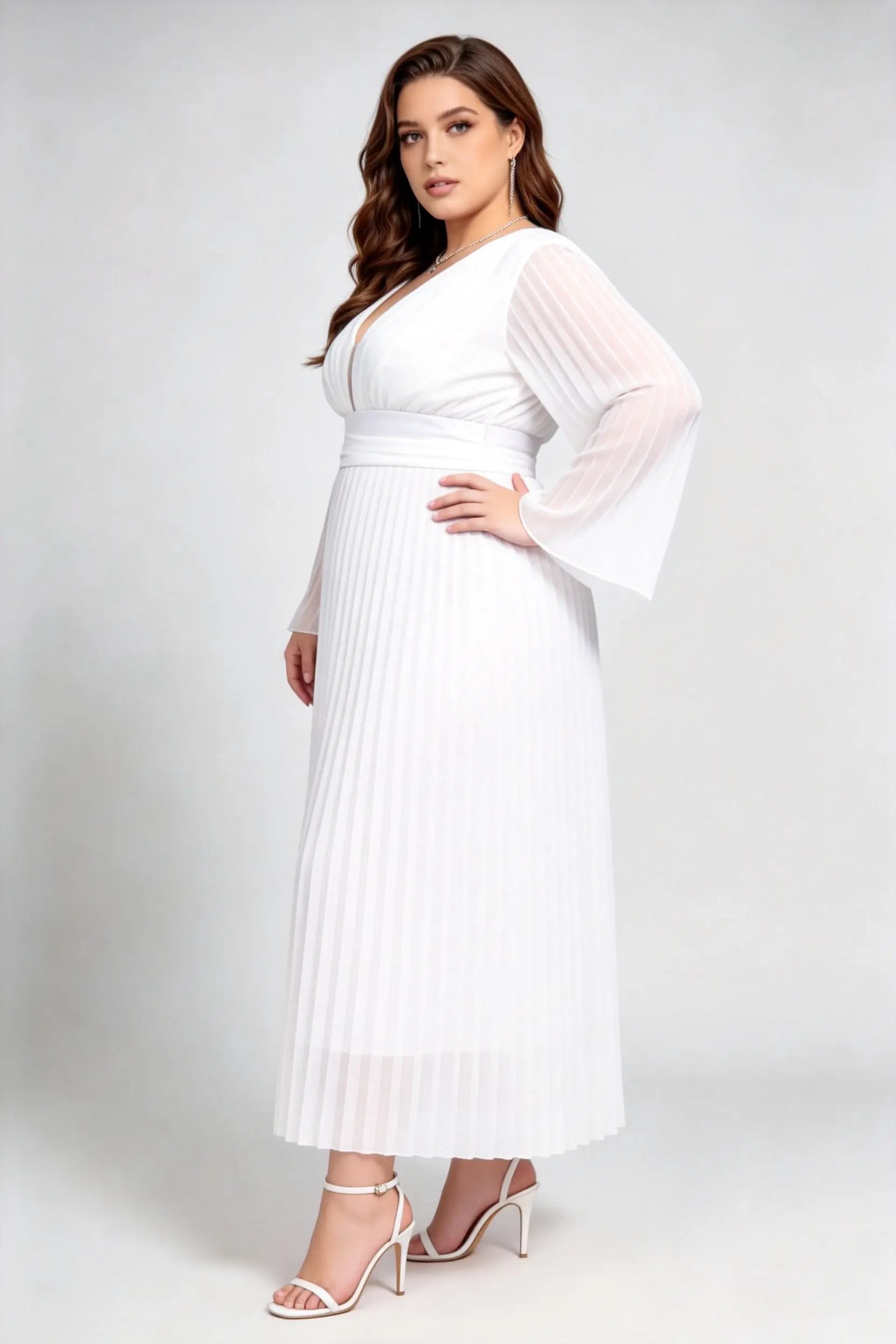 Plus Size White Pleated Chiffon Maxi Dress with Bell Sleeves and Deep V-Neck