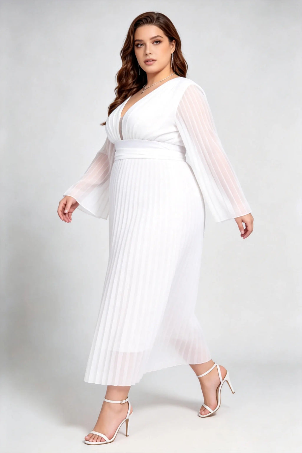 Plus Size White Pleated Chiffon Maxi Dress with Bell Sleeves and Deep V-Neck