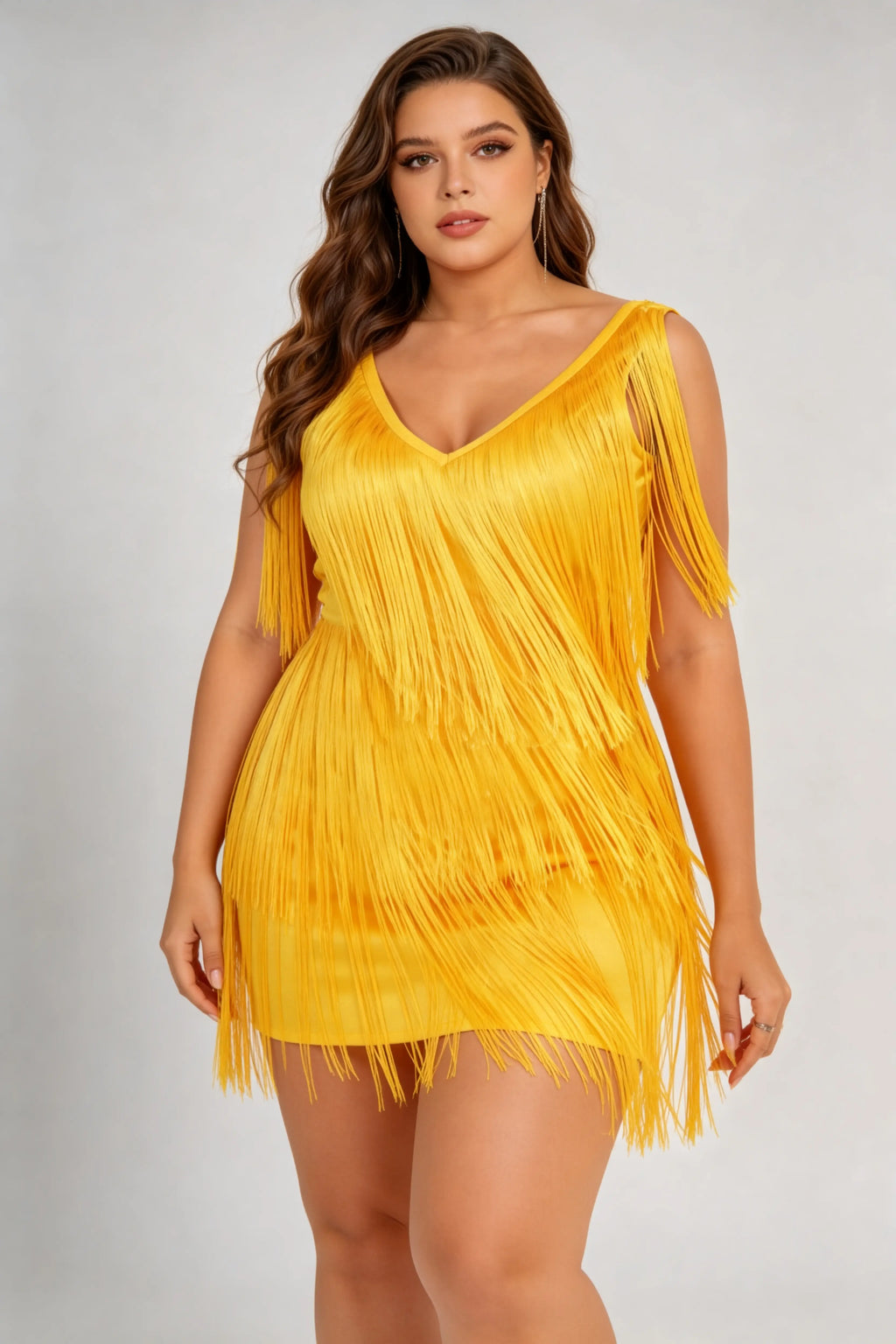 Plus Size Yellow Fringe Mini Dress - V-Neck Sleeveless Flapper Style Party Dress