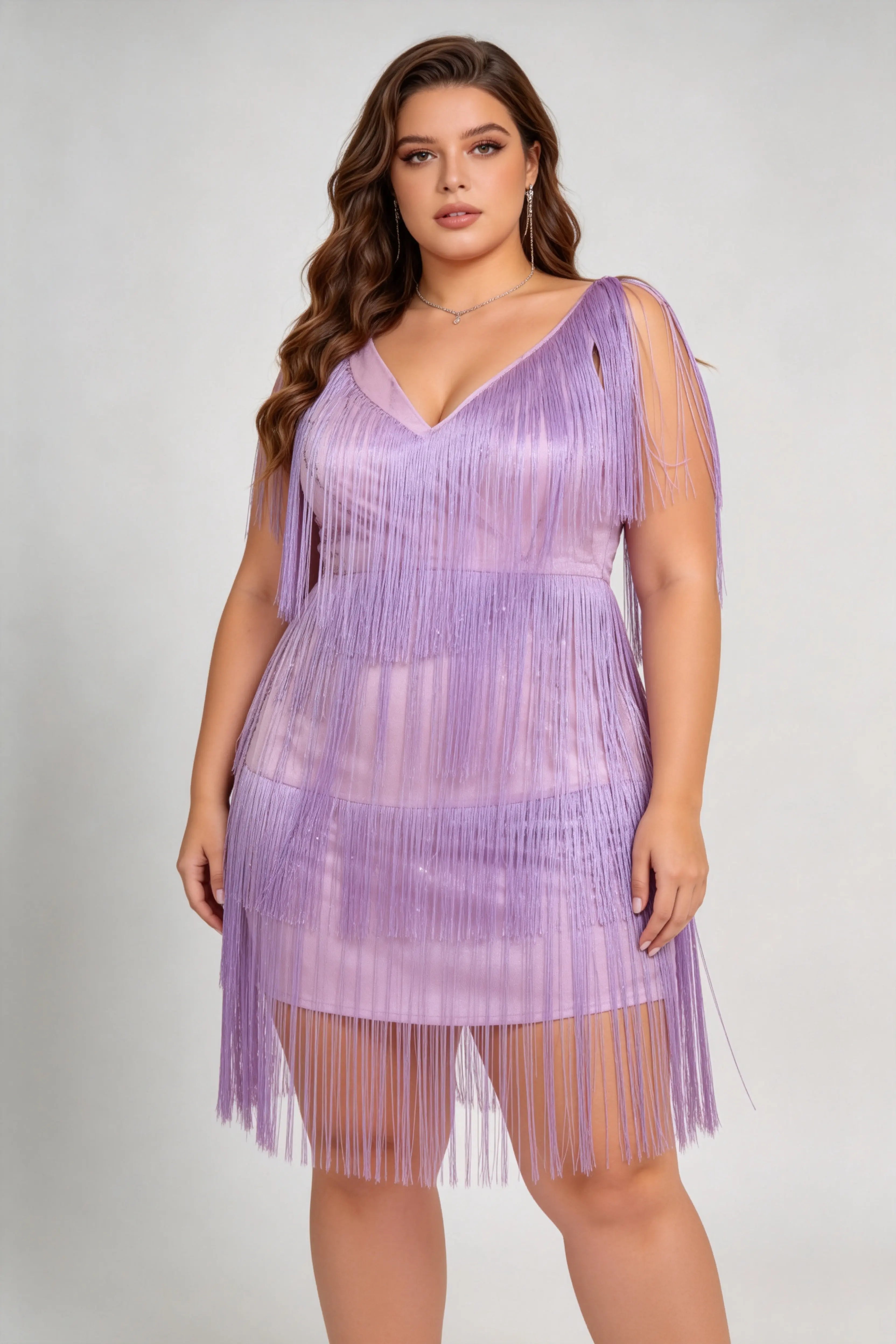 Plus Size Purple Fringe Mini Dress - V-Neck Sleeveless Flapper Style Party Dress