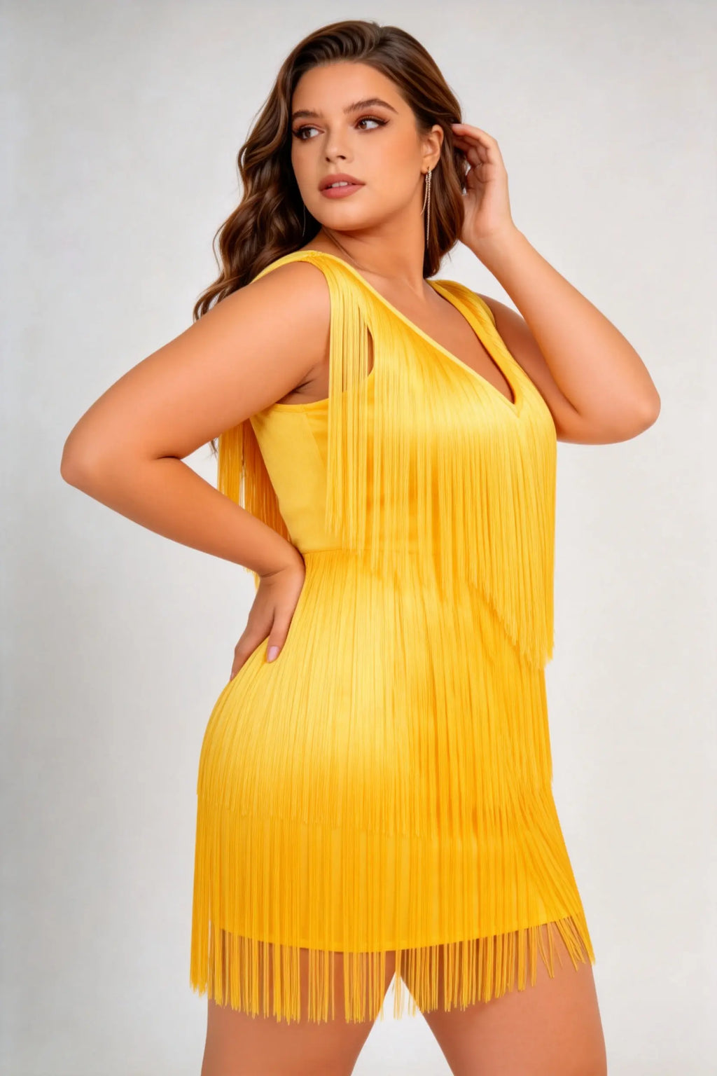 Plus Size Yellow Fringe Mini Dress - V-Neck Sleeveless Flapper Style Party Dress