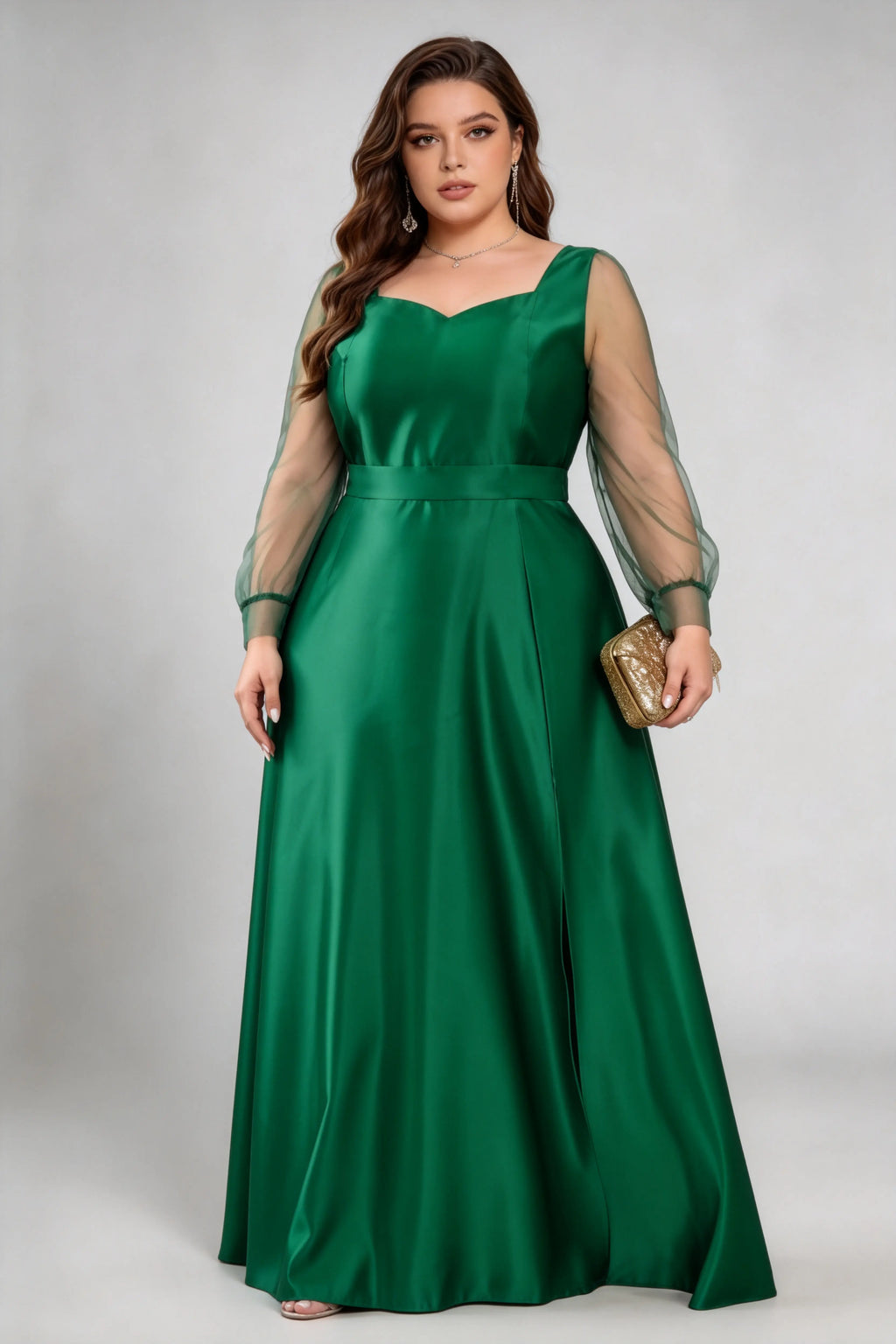 plus size emerald green dress Plus Size Formal Emerald Green Long Sleeve Satin V-Neck Maxi Dress main image 1