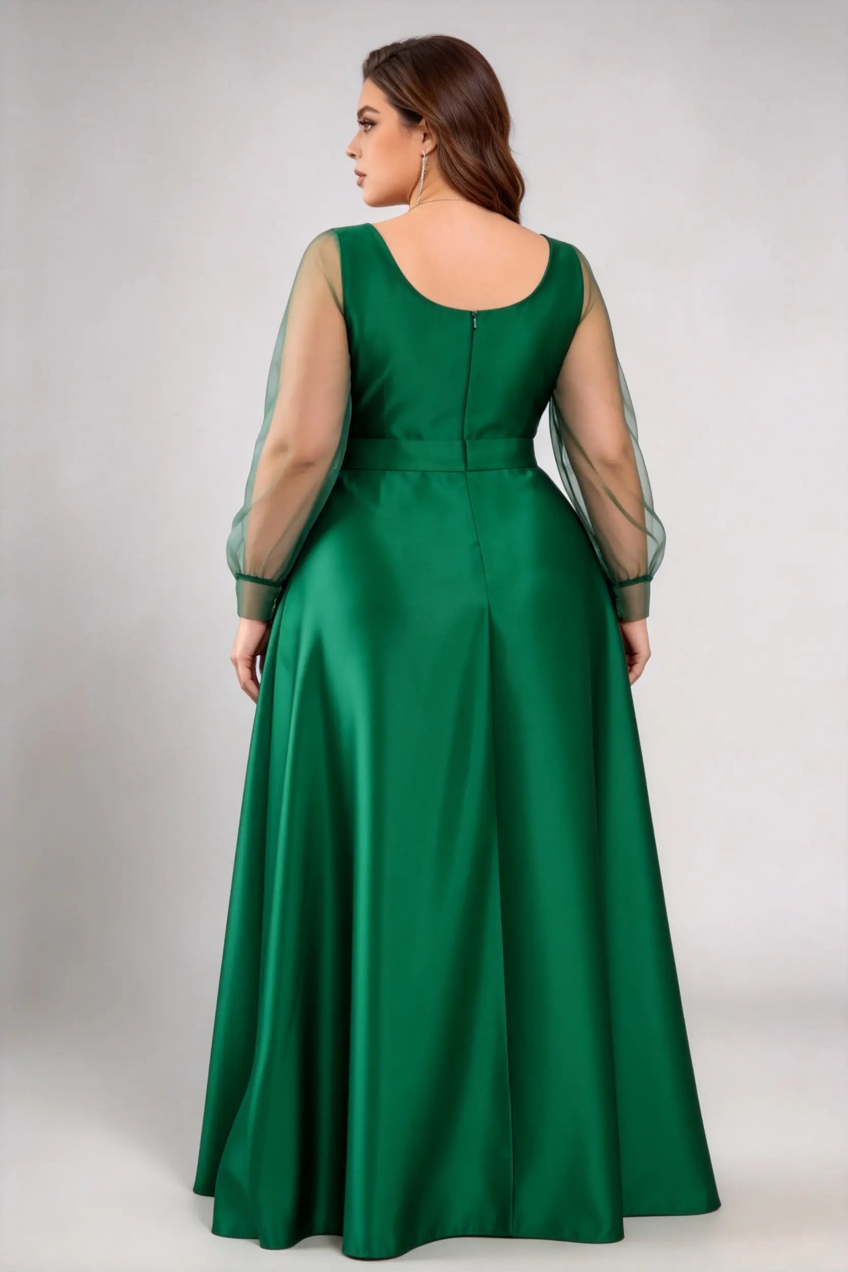 Plus Size Emerald Green Satin Gown - Illusion Long Sleeve Formal Eveni   phoehua