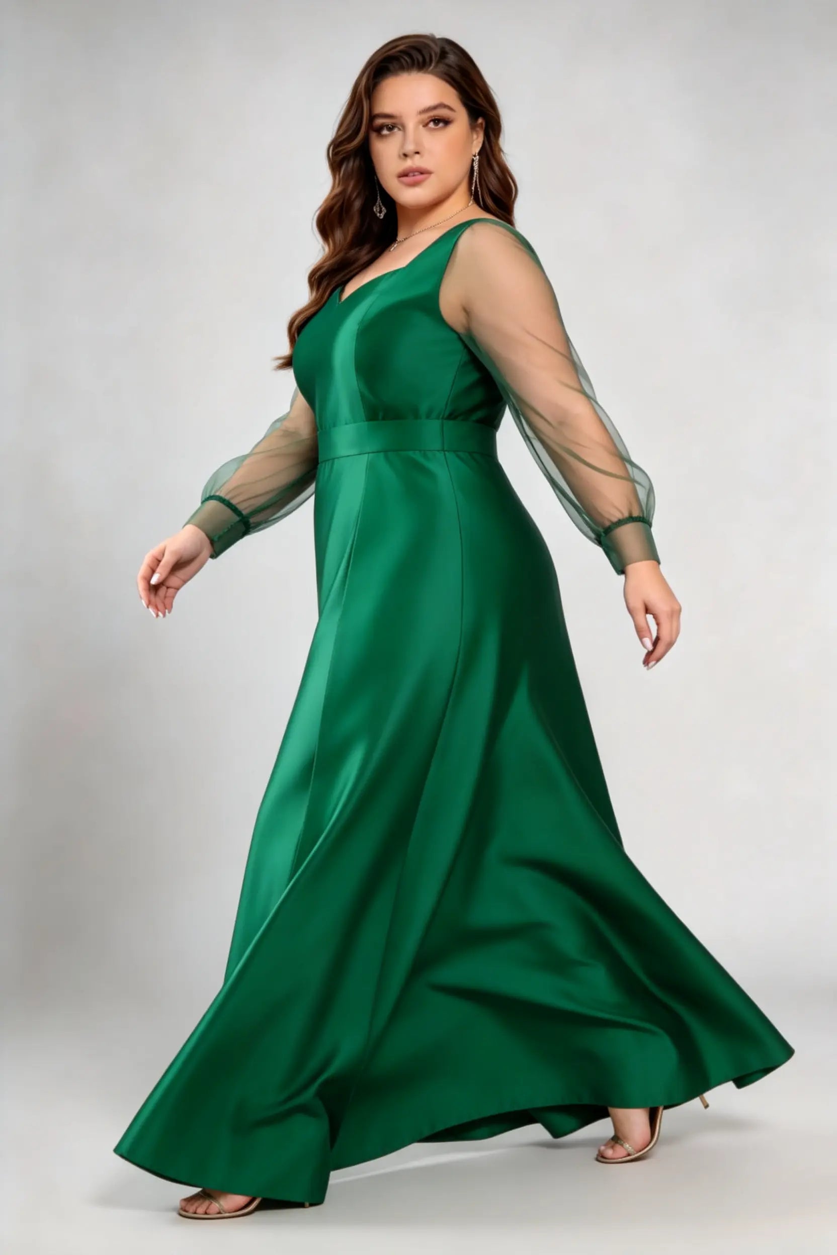Plus Size Emerald Green Satin Gown - Illusion Long Sleeve Formal Evening Dress