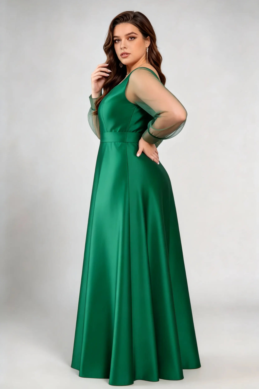 Plus Size Emerald Green Satin Gown - Illusion Long Sleeve Formal Evening Dress
