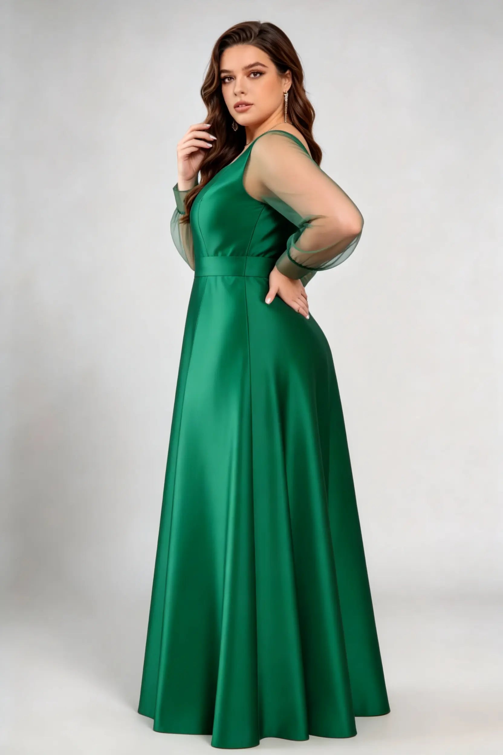 Plus Size Emerald Green Satin Gown - Illusion Long Sleeve Formal Evening Dress