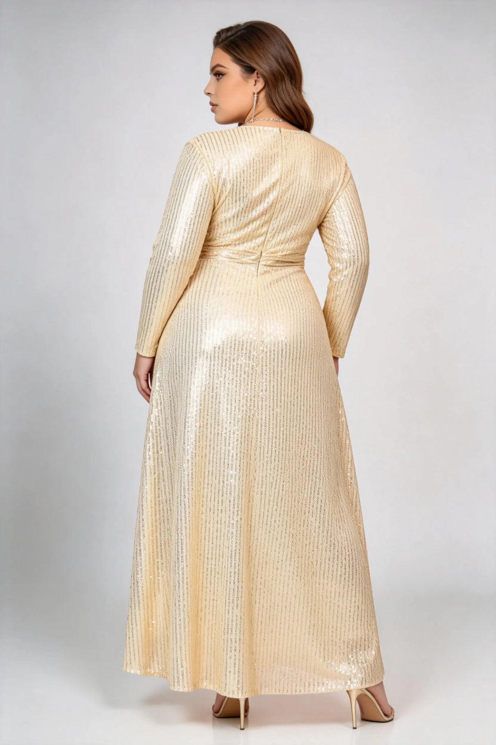 Plus Size Gold Sequin Maxi Dress - Twist Front Long Sleeve Formal Gown