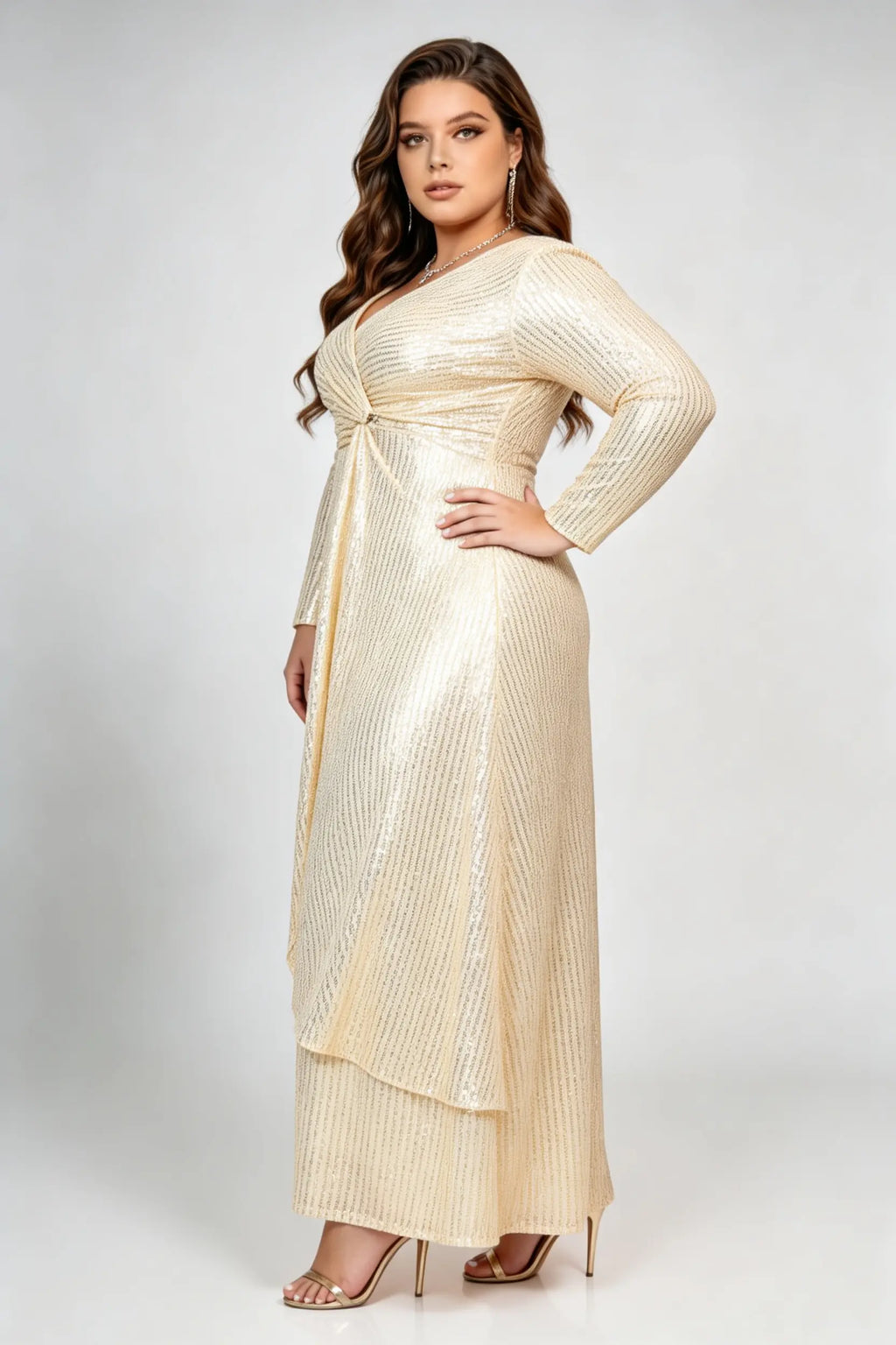 Plus Size Gold Sequin Maxi Dress - Twist Front Long Sleeve Formal Gown
