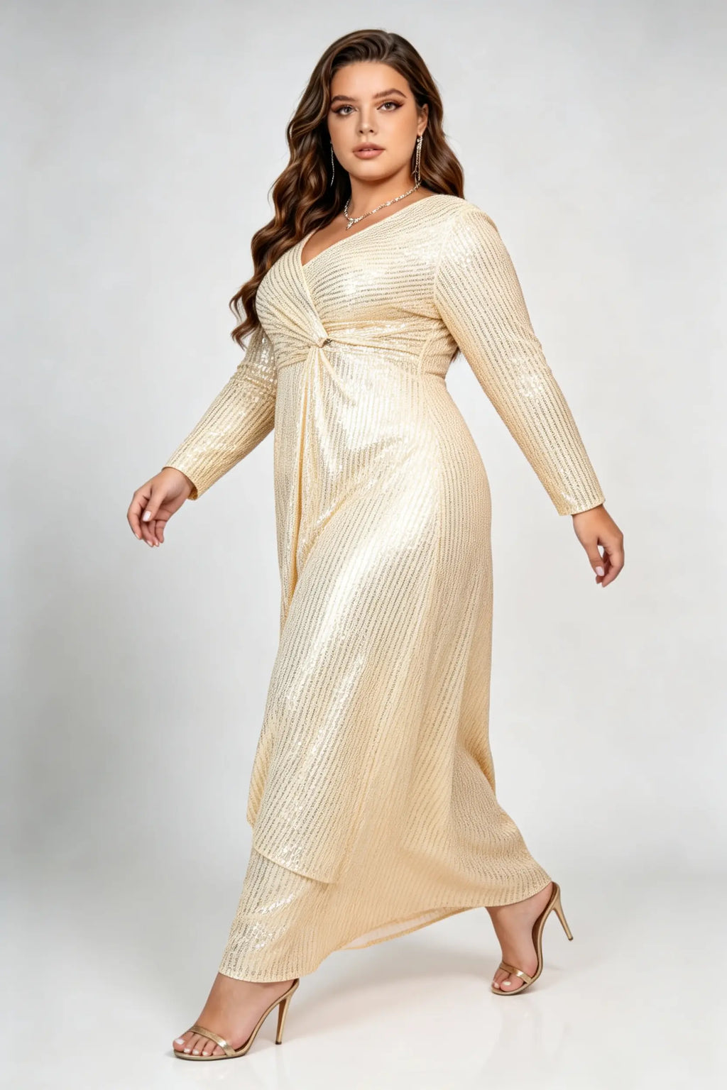 Plus Size Gold Sequin Maxi Dress - Twist Front Long Sleeve Formal Gown