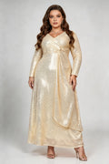 Plus Size Gold Sequin Maxi Dress - Twist Front Long Sleeve Formal Gown