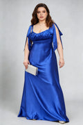 Plus Size Royal Blue Satin Gown - Bow Shoulder A-Line Formal Dress
